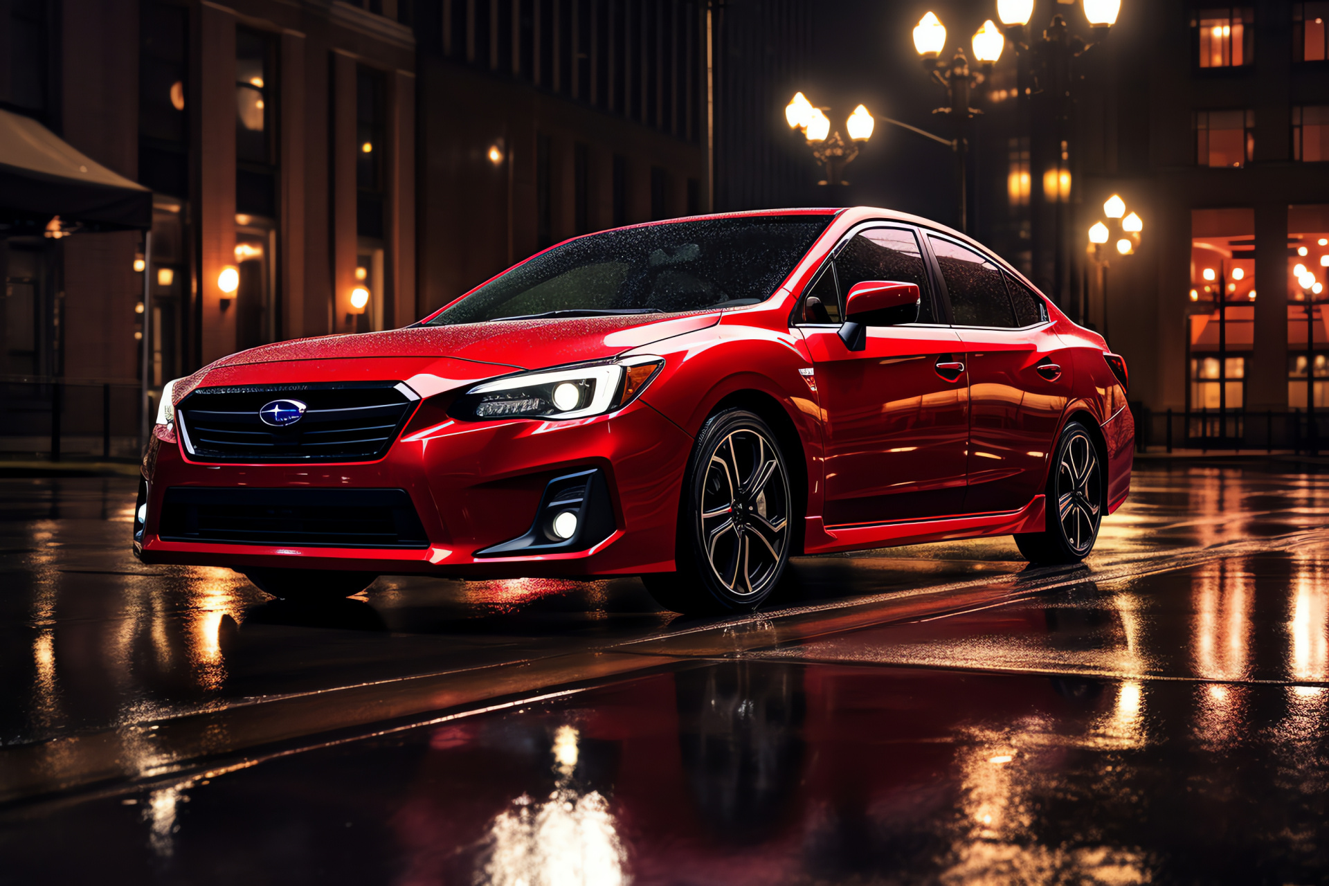 Subaru Impreza, Four-door variant, Crimson coat, Low vantage, Lustrous detailing, HD Desktop Wallpaper