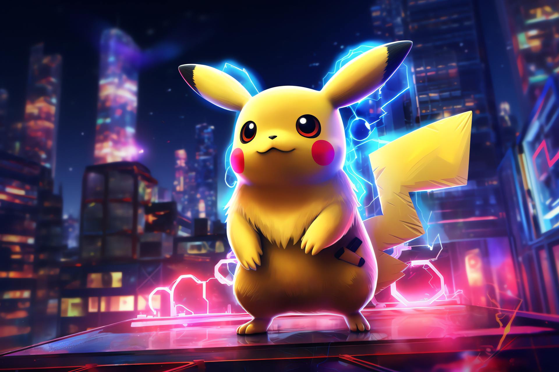 Pikachu, Animated series, Sci-fi environment, Levitating platforms, Projected interface, HD Desktop Image