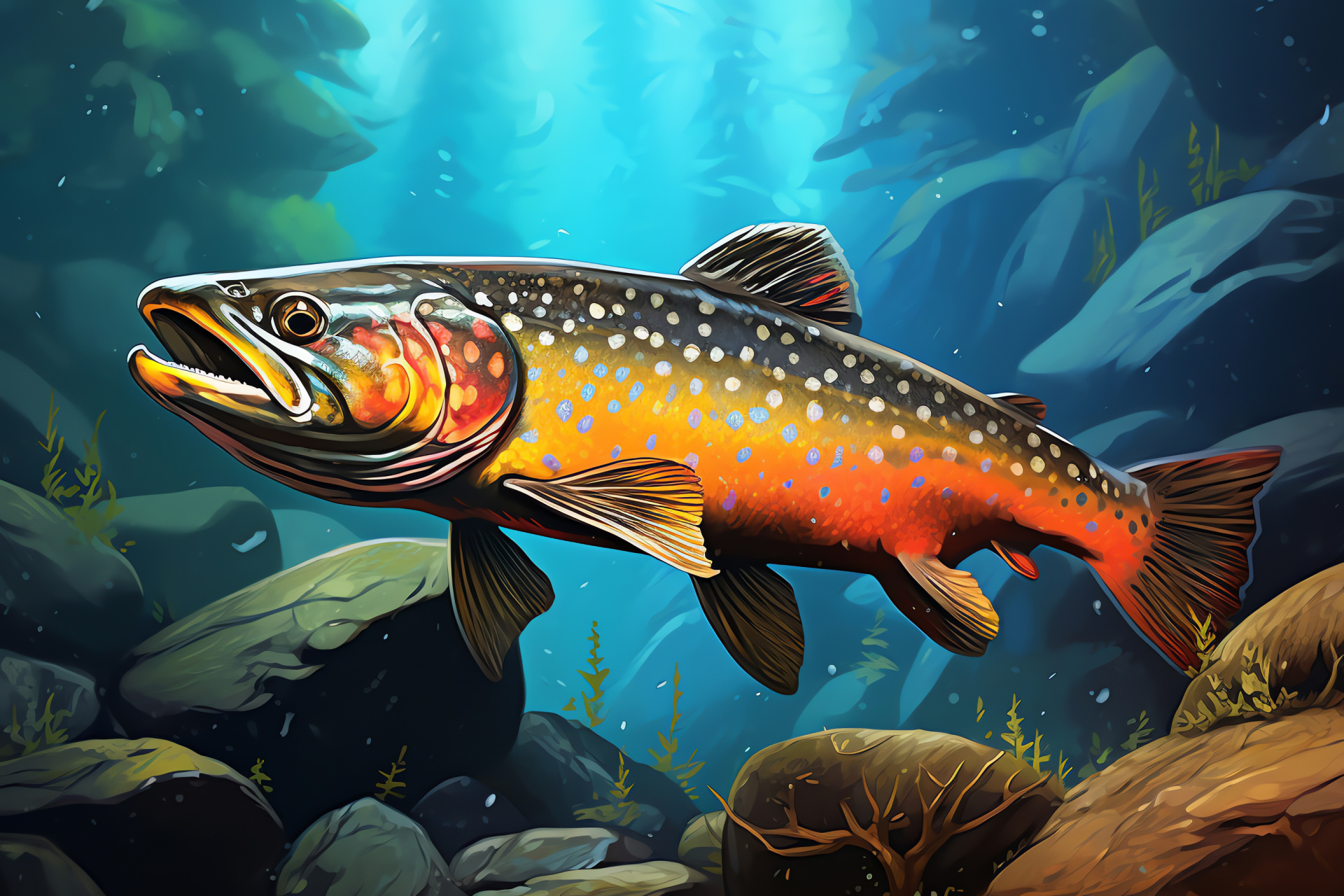 Brook trout closeup, spotted freshwater fish, Temperate aquatic life, Natural habitat, HD Desktop Image