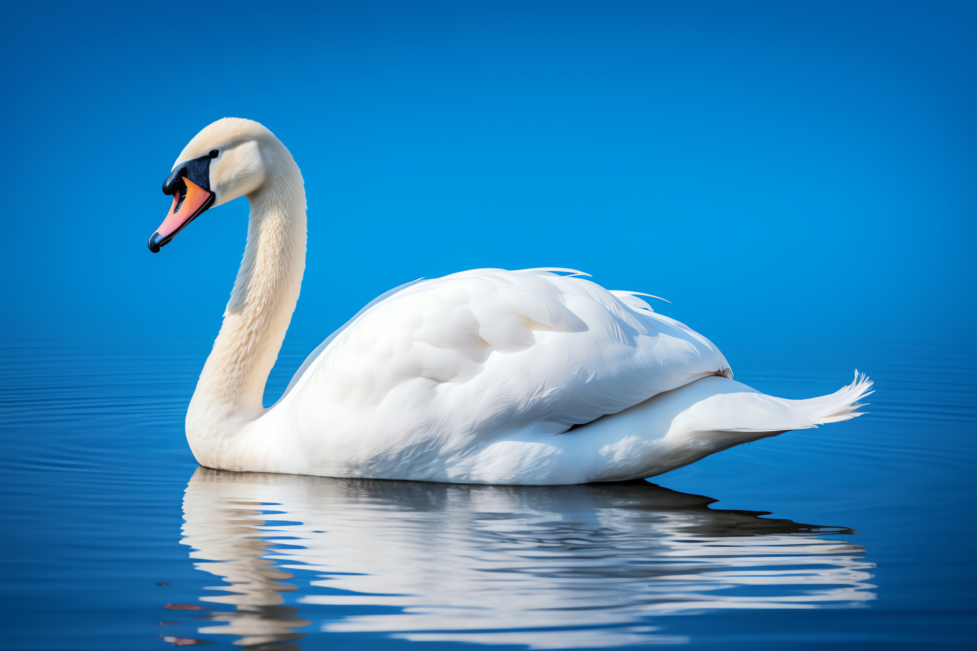 Swan repose, Serene pond setting, Soothing hue, Elegant bird, Calmed waters, HD Desktop Wallpaper