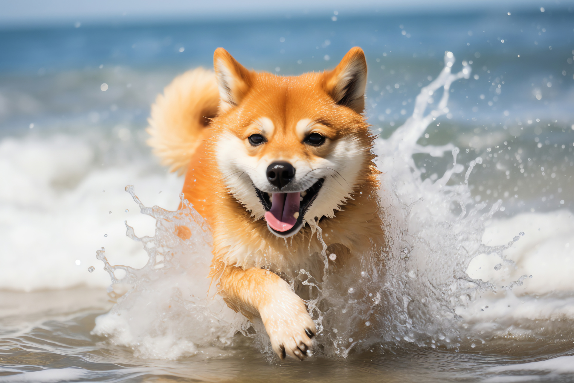 Shiba Inu at beach, Water-resistant canine coat, Seaside dog play, Happy domestic pet, Coastal animal scene, HD Desktop Wallpaper