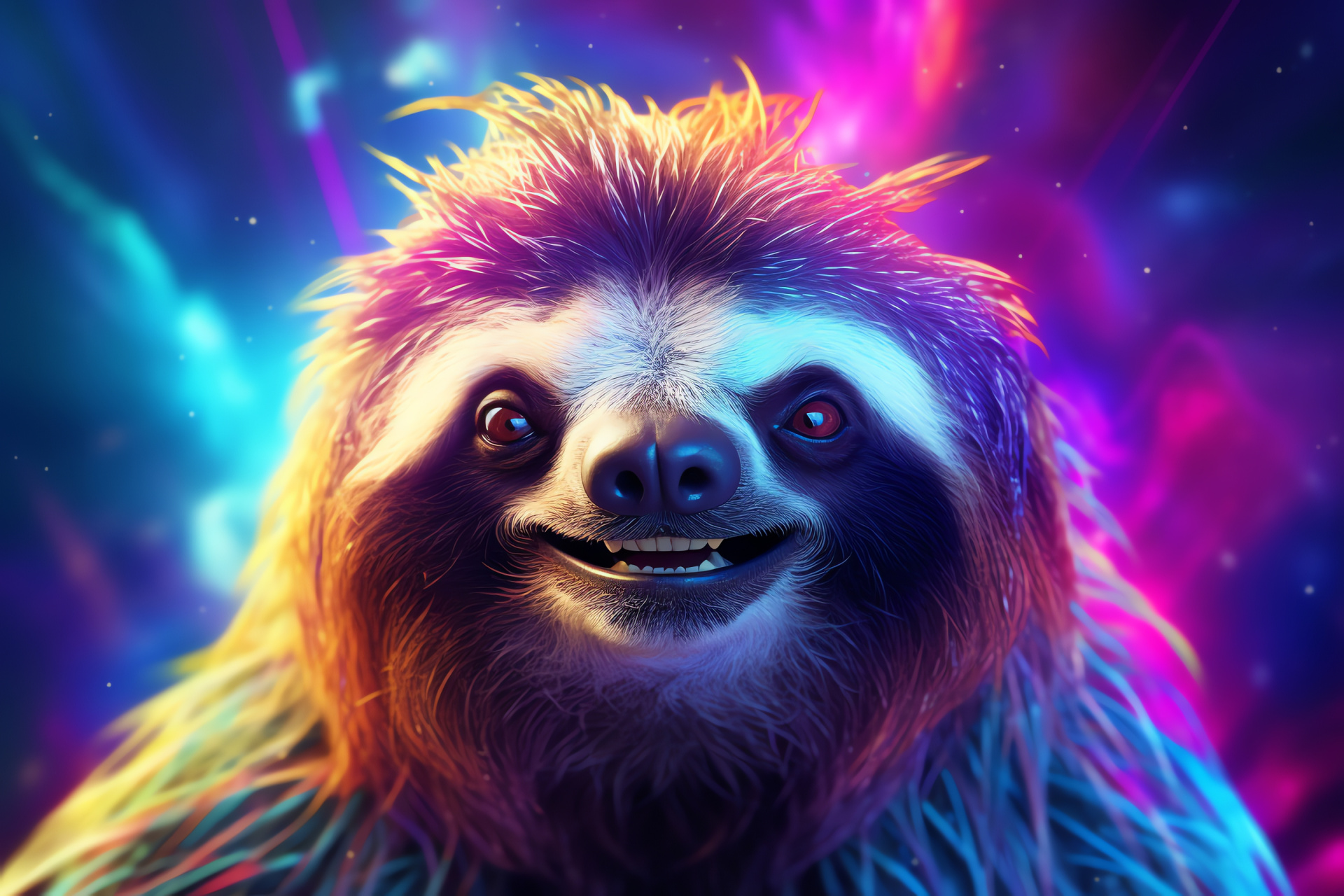 Space Sloth, Neon fur brilliance, Deep space fauna, Long-furred extraterrestrial, Colorful nebula backdrop, HD Desktop Image