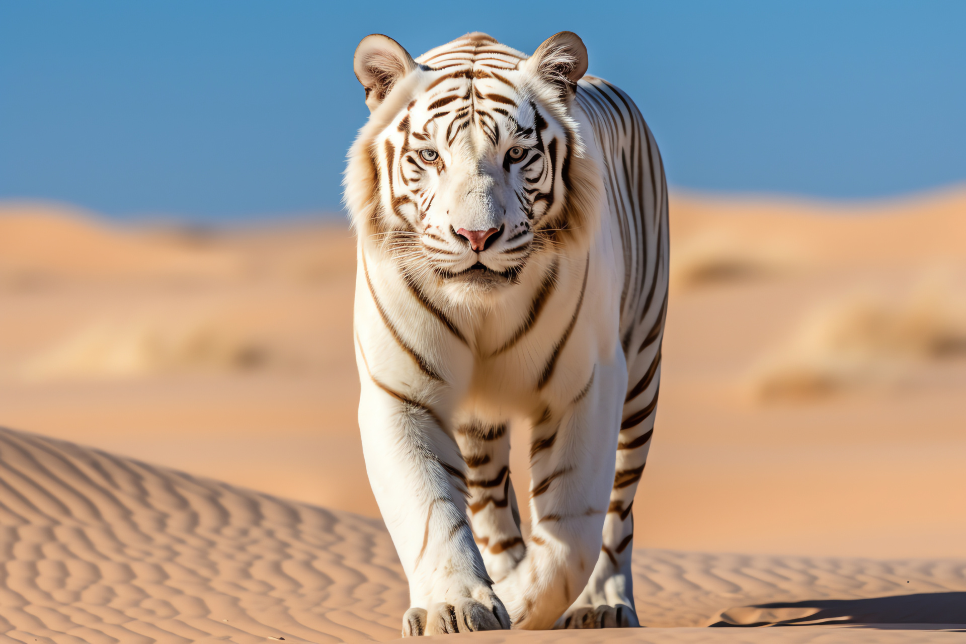 Alabaster feline beast, Azure gaze, Sahara's inhabitant, Dunes-dwelling tiger, Tawny dunes, HD Desktop Wallpaper