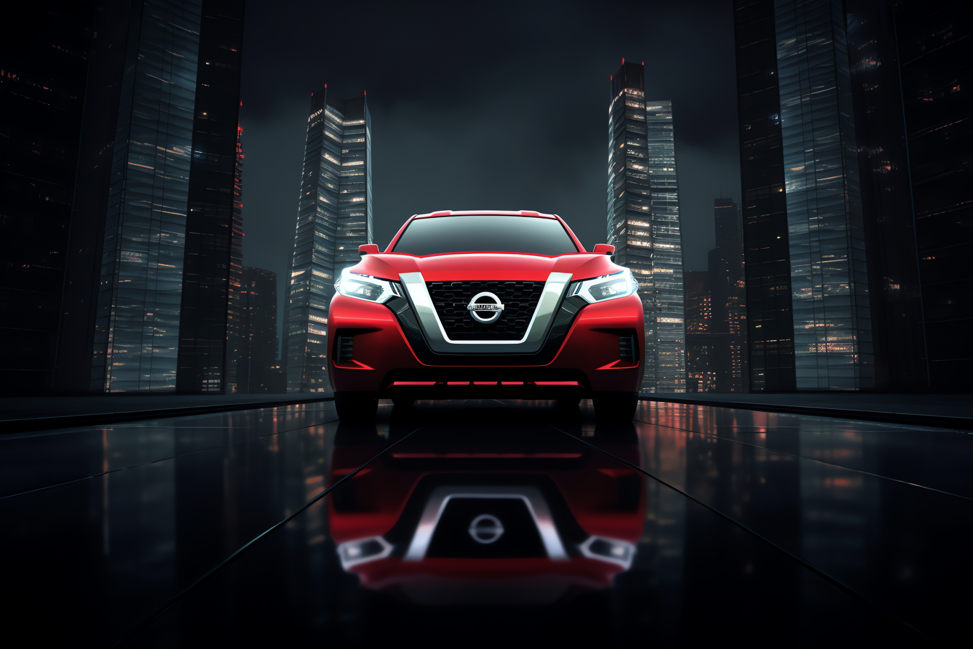 Nissan insignia, Tokyo backdrop, iconic red, city skyline, illuminated aesthetics, HD Desktop Image