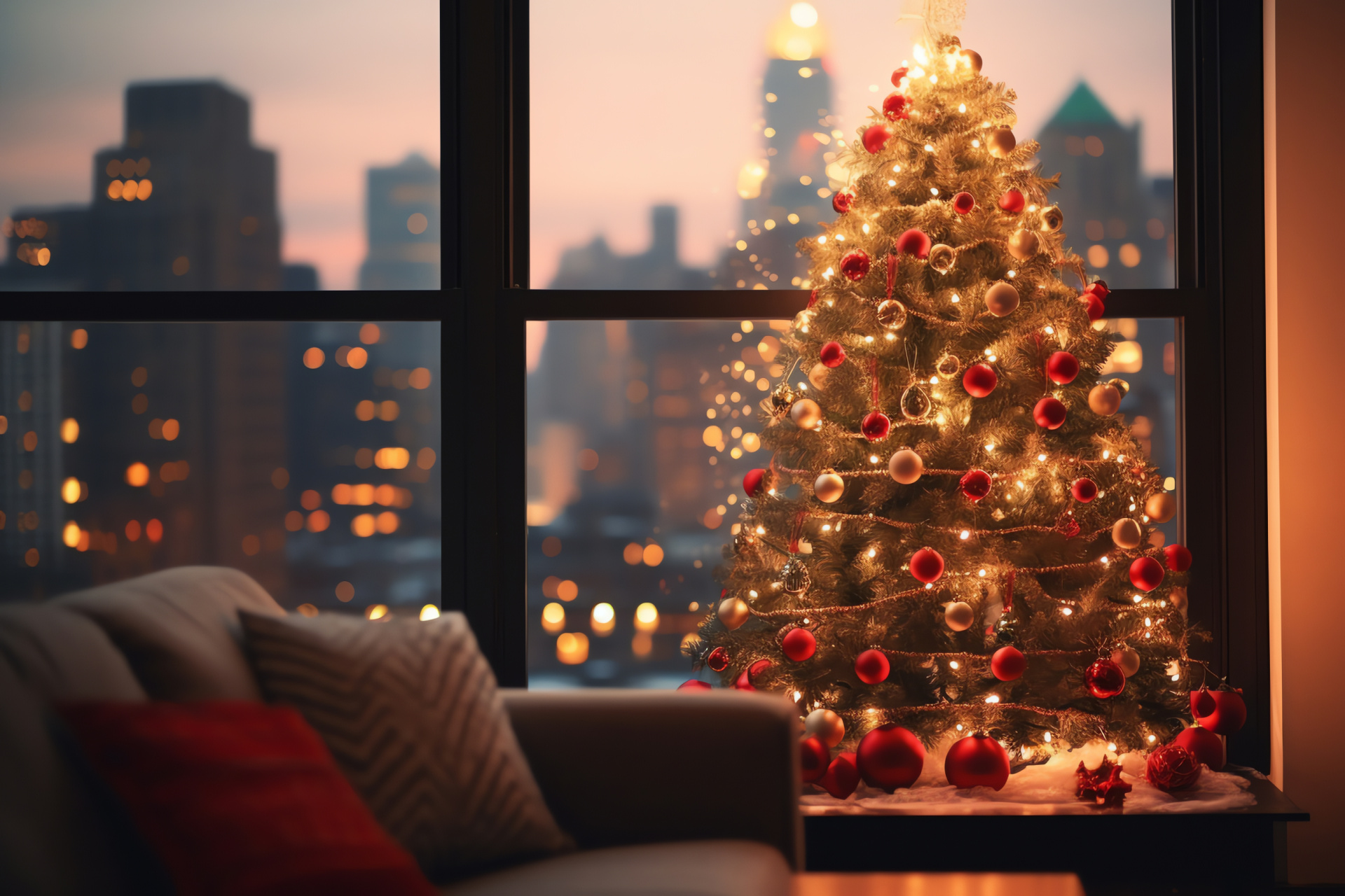 New York Christmas setting, Cozy urban living, Festive decor and cuisine, Metropolitan skyline, Family celebration, HD Desktop Image