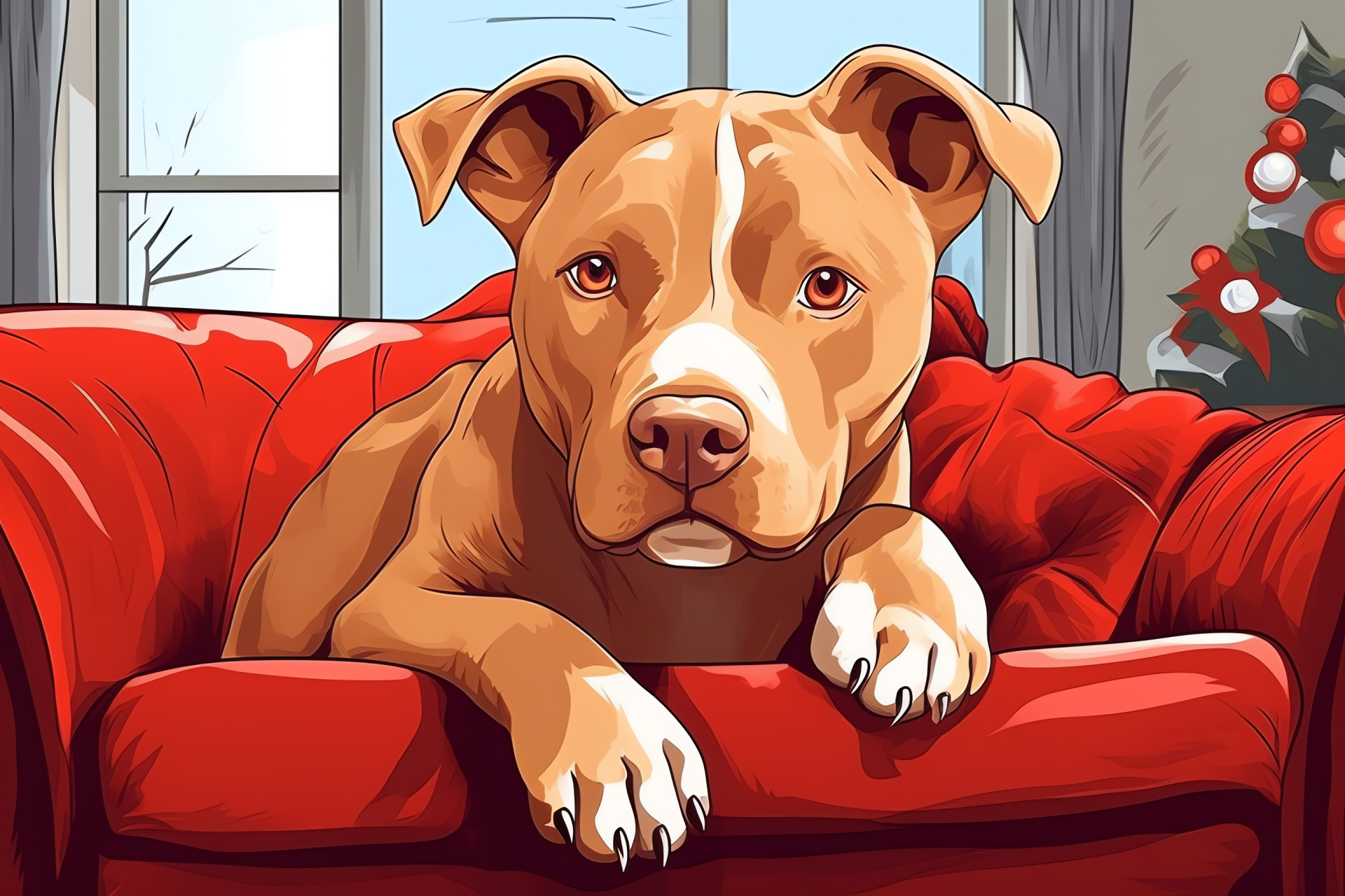 Red Nose Pitbull, Canine companion, Relaxed demeanor, Comfortable pet, Indoor setting, HD Desktop Image