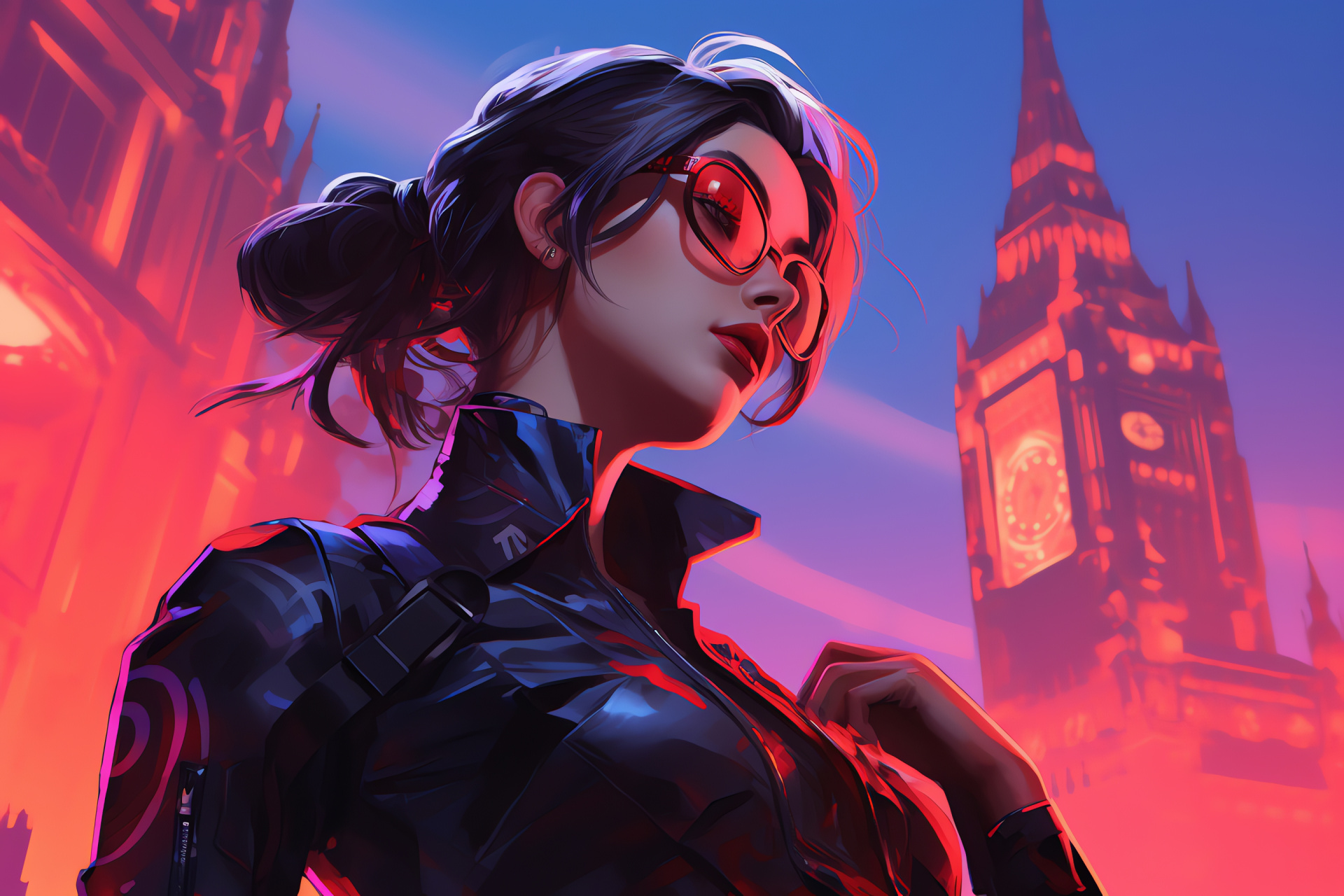 Overwatch Widowmaker, Sniper character, UK capital landmarks, Urban skyline, Iconic towers, HD Desktop Wallpaper