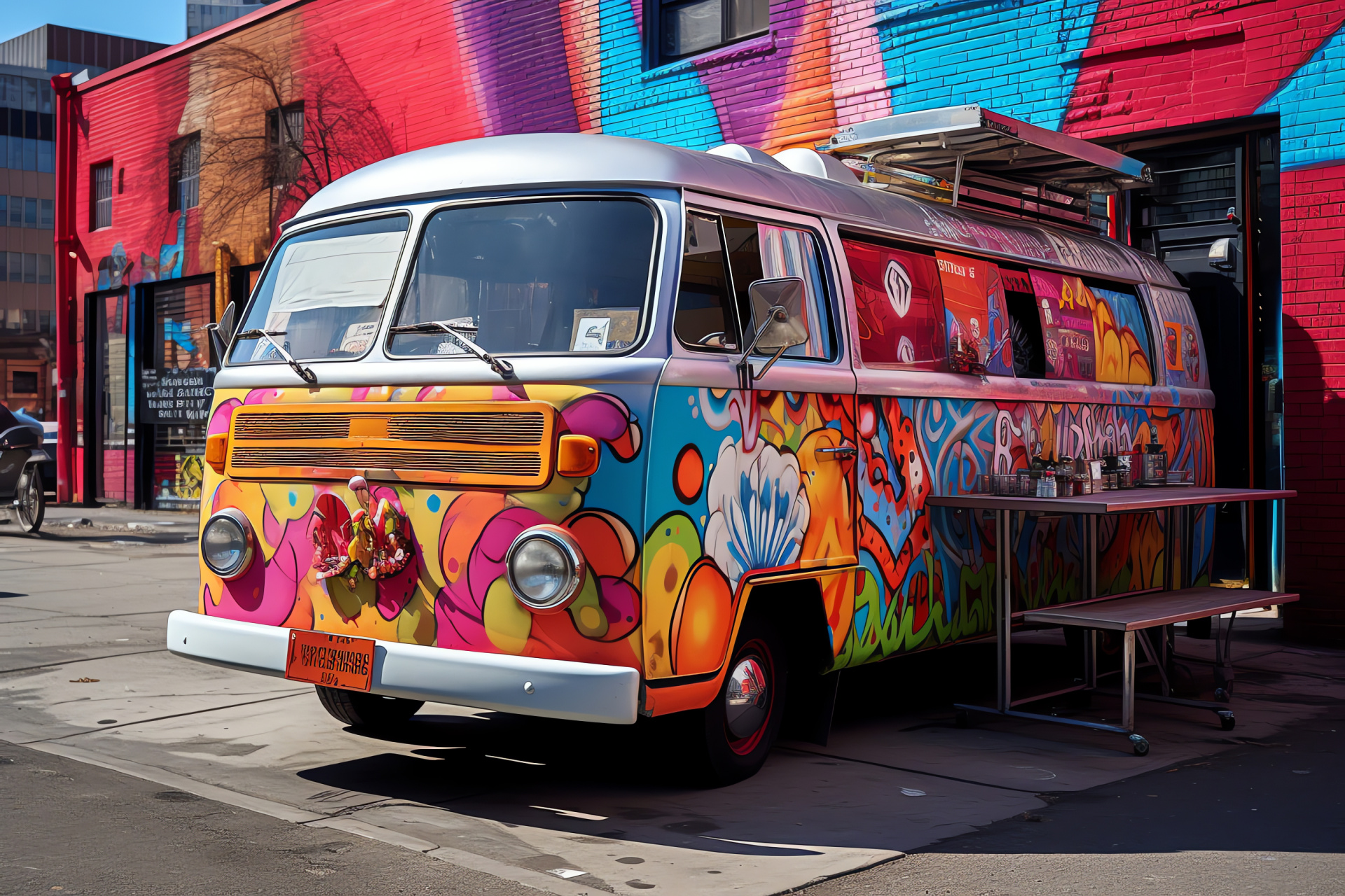 Volkswagen Bus, New York urban scene, Modern food service, Brooklyn backdrop, Cult culture, HD Desktop Image