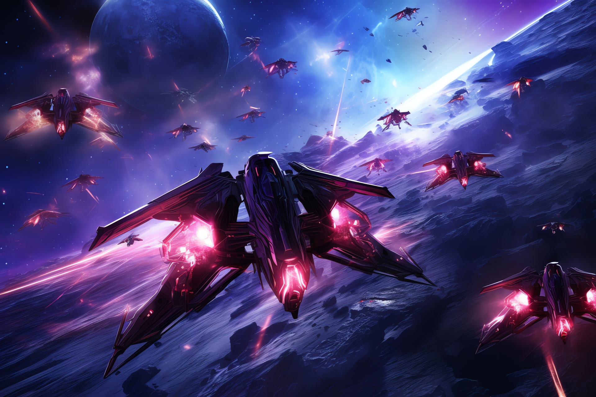 Combat-ready space aces, Celestial battlefield agility, Spacecraft airborne combat, Deep-purple galactic backdrop, High-octane starfighter duel, HD Desktop Wallpaper