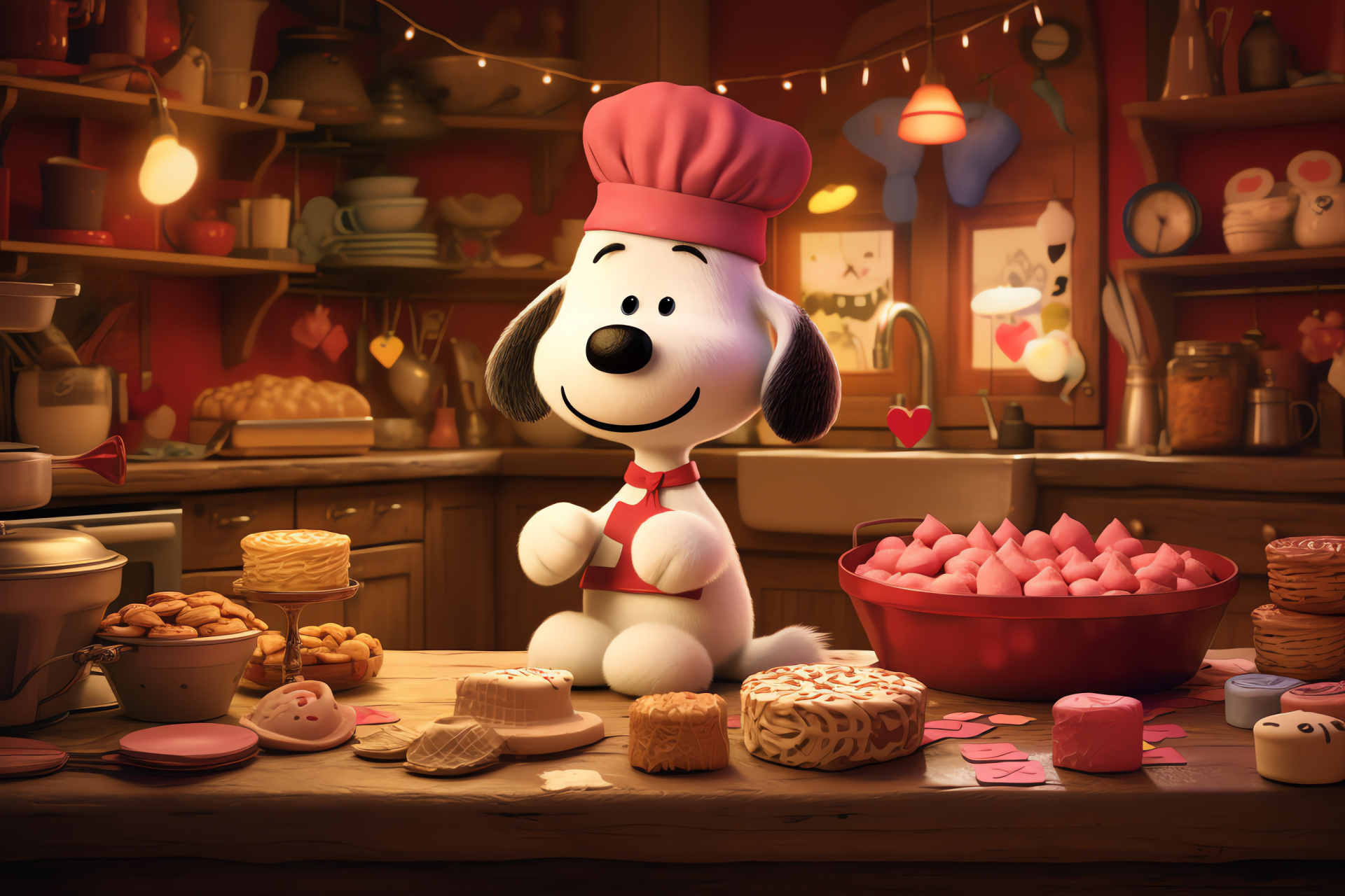 Snoopy, Love holiday, heartfelt artwork, celebratory meal, amorous pastries, HD Desktop Wallpaper