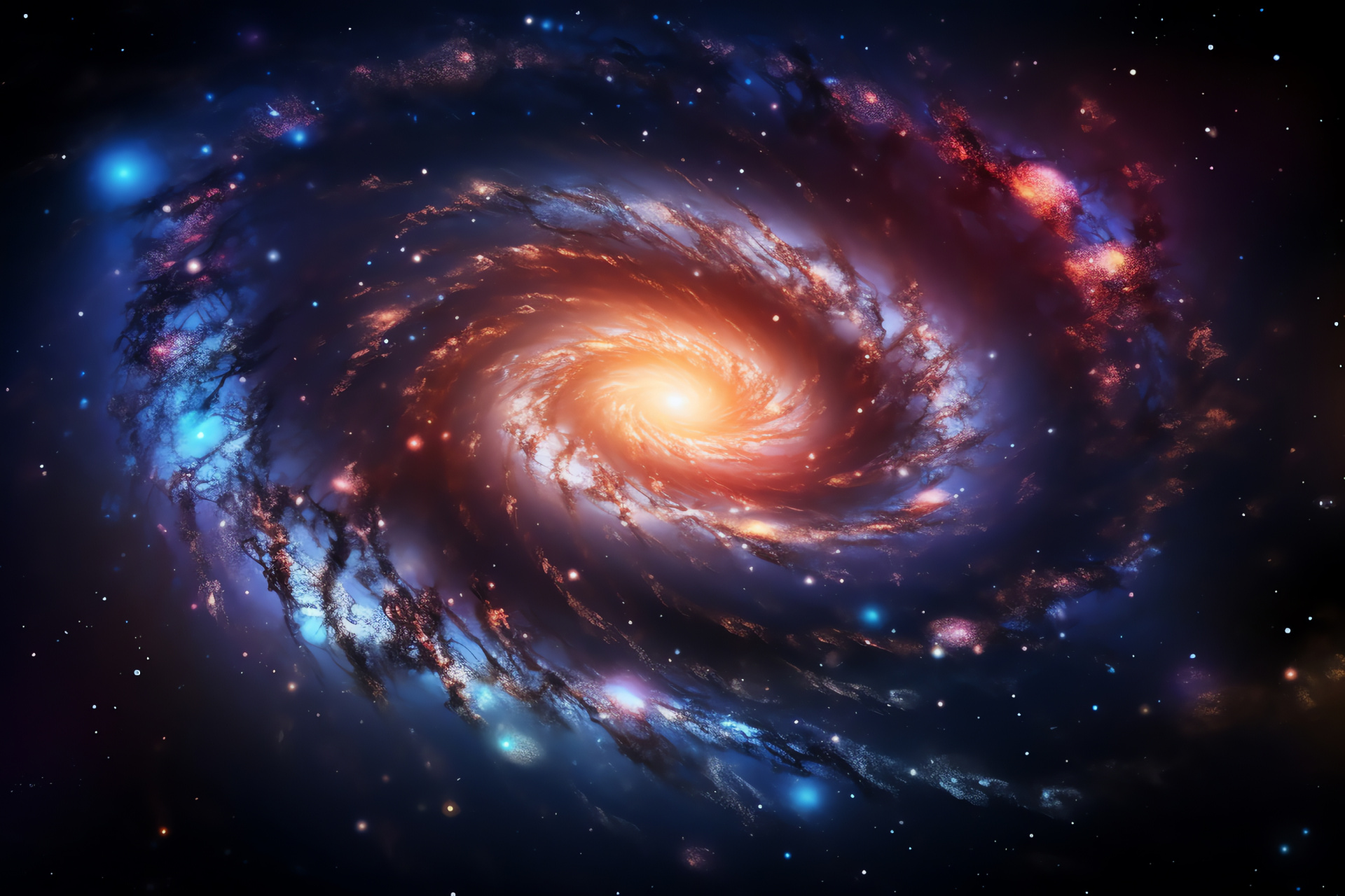 Spiral galaxy panorama, starry clusters beauty, neon luminosity, cosmic full view, galactic splendor, HD Desktop Image