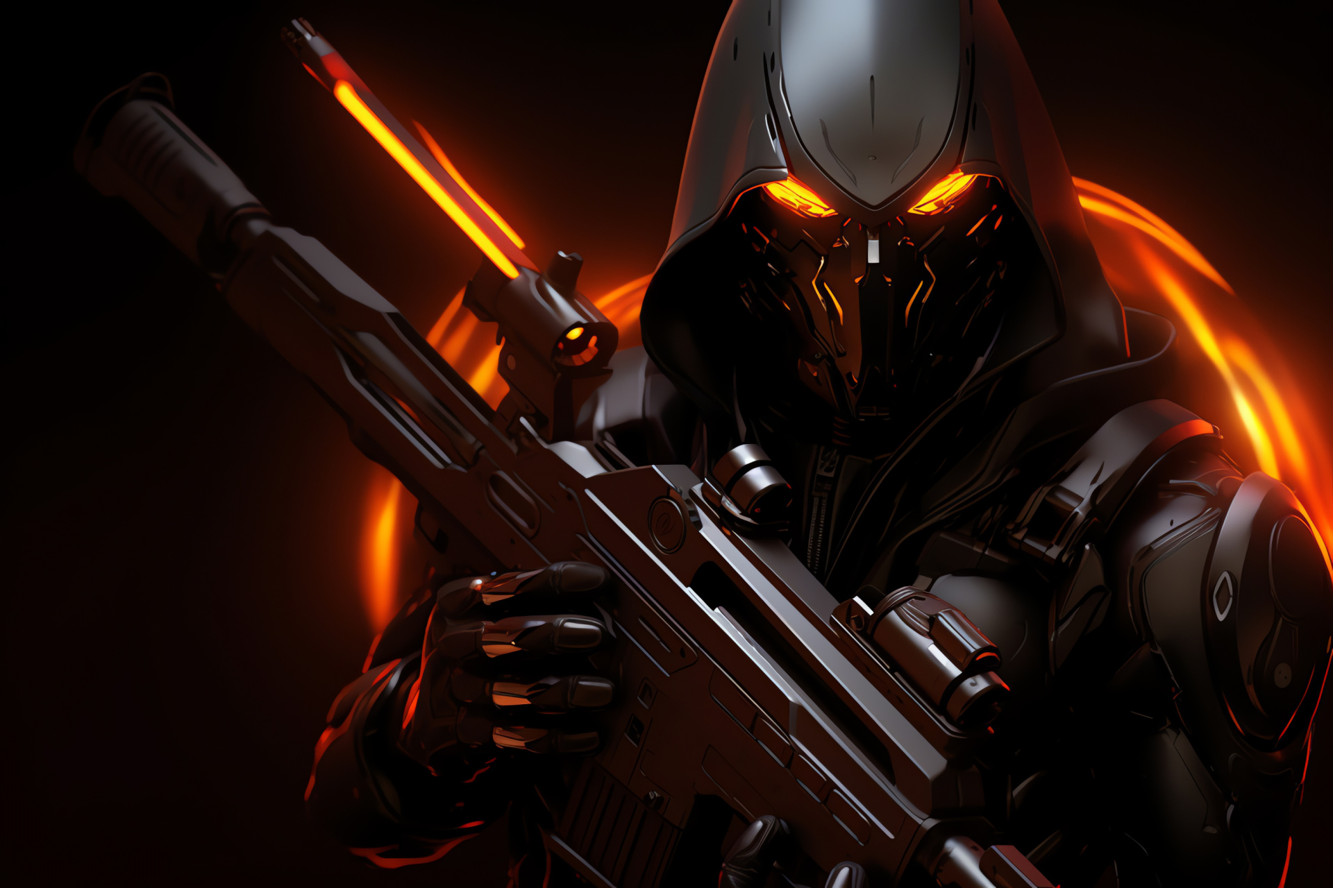 Overwatch Reaper, Assassin character, Bone-white facewear, Crimson ocular feature, Menacing stance, HD Desktop Image