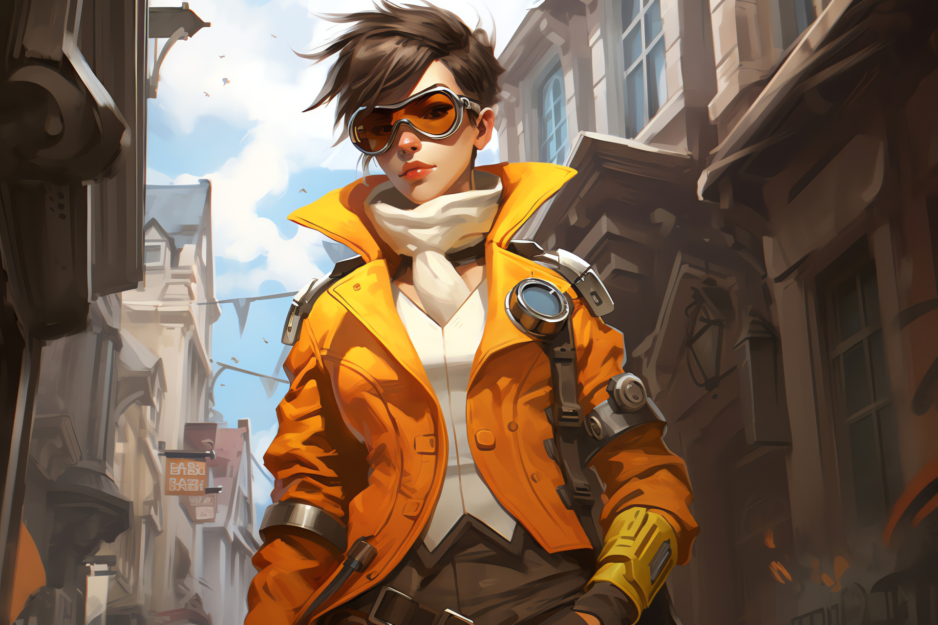 Tracer in King's Row, Overwatch mission, Historic townhouses, Dual firearms, Overwatch agent, HD Desktop Wallpaper