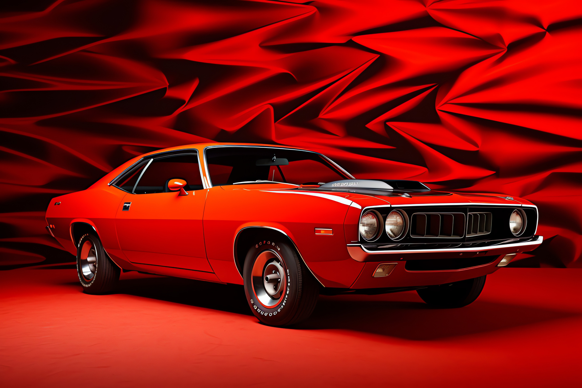 1973 Plymouth Barracuda, Classic car design, Shaker hood feature, Red automotive paint, Muscle car era, HD Desktop Image