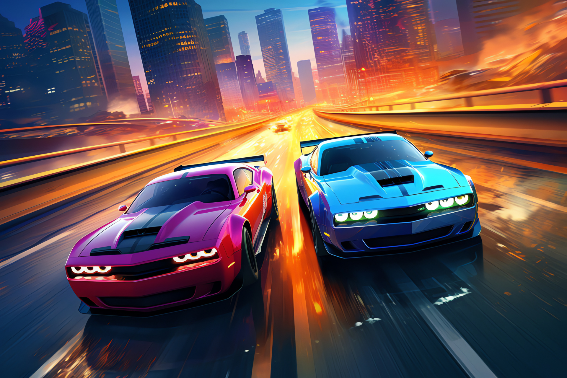 Aerial view muscle car, Overhead highway angle, Future city commuting, Skyscraper urban giants, Neon metropolis, HD Desktop Wallpaper