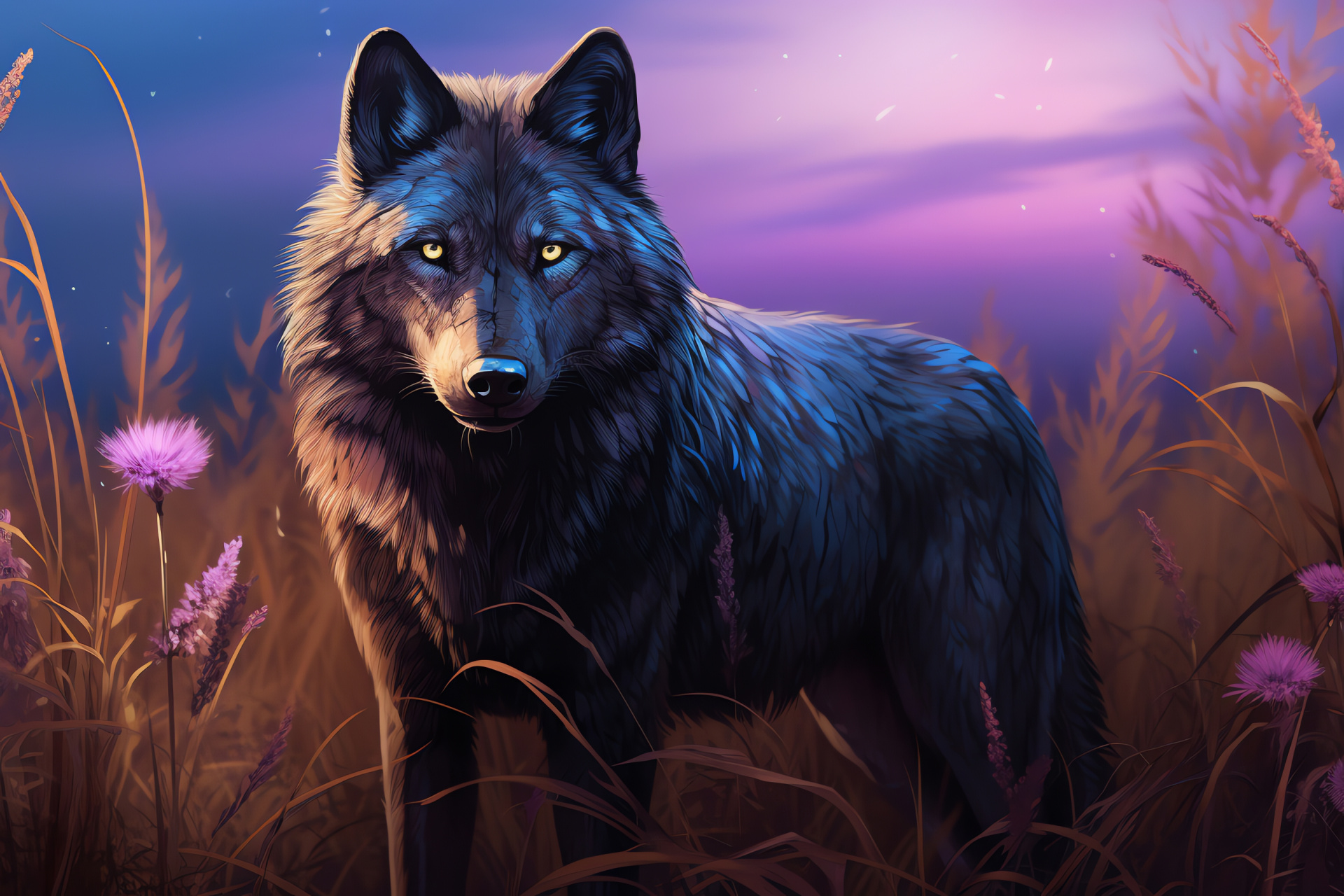 Timber wolf with purple eyes, Black fur canid, Nocturnal wolves, Moonlit wolf, Nighttime predators, HD Desktop Wallpaper