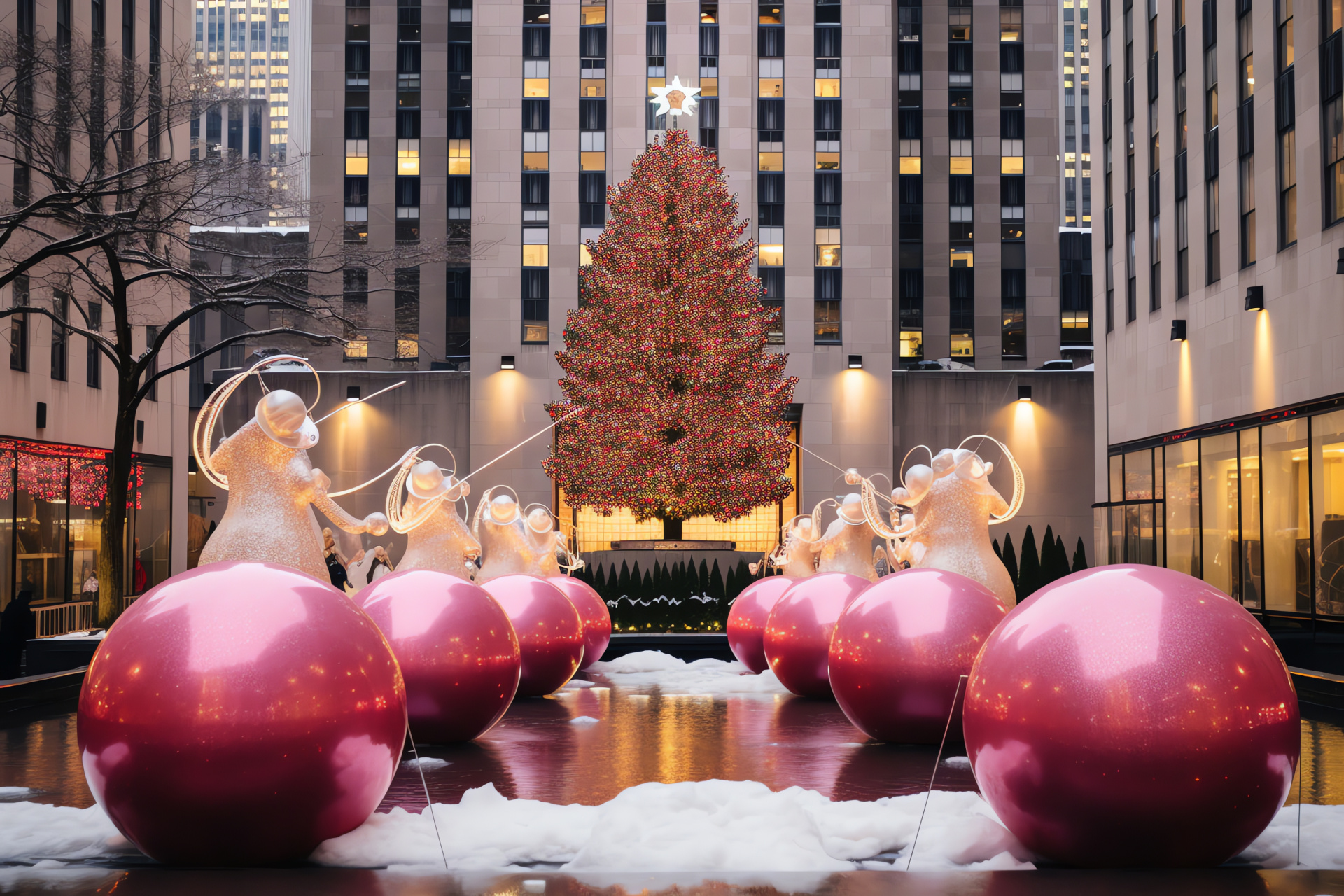 Manhattan holiday celebration, iconic tree display, festive urban crowd, wintry recreation, seasonal snacks, HD Desktop Image