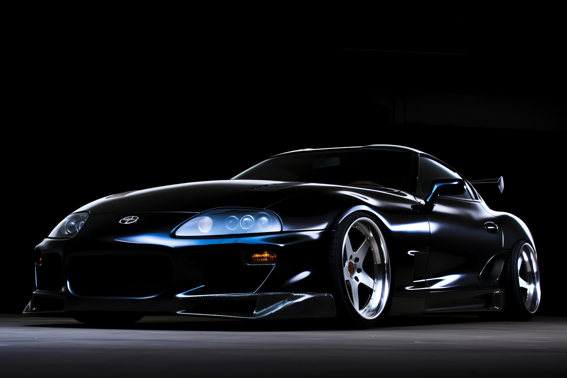 Modified Toyota Supra, stealth profile, performance tuning, slammed posture, black aesthetic, HD Desktop Wallpaper