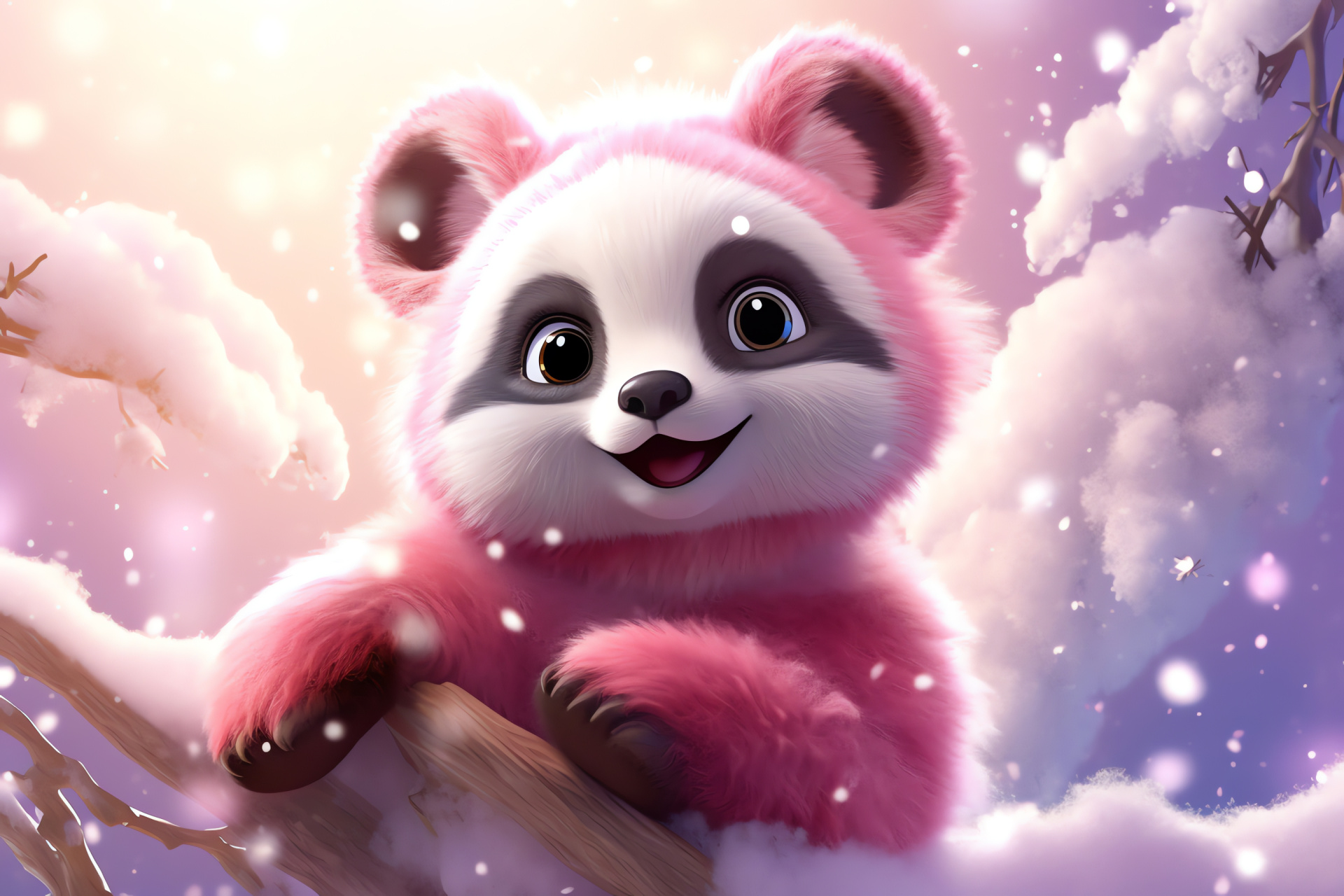 Pink Panda in snow, Winter animal fun, Shining eye glint, Frosty forest background, Arctic affection, HD Desktop Wallpaper