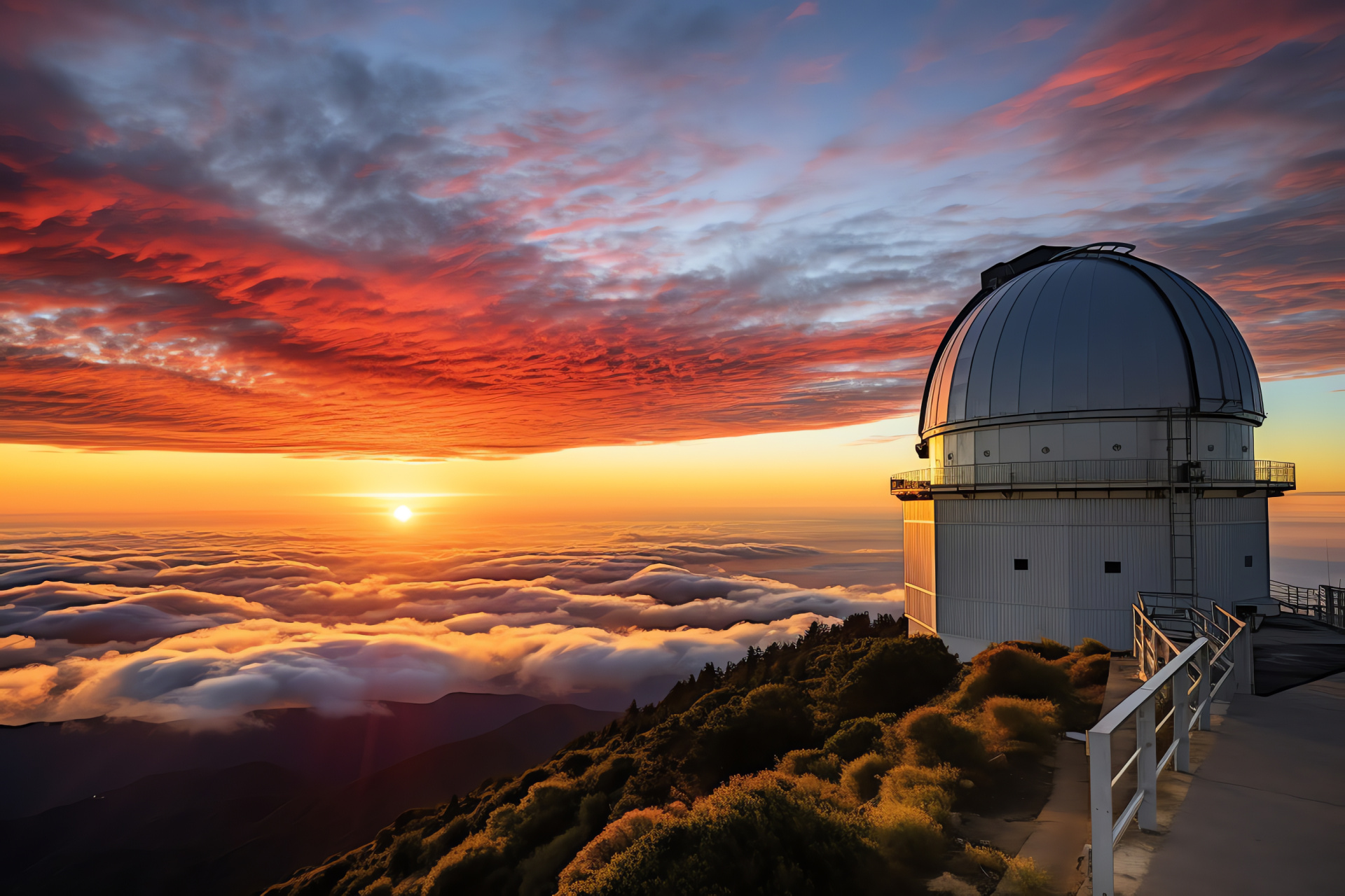 Tmt Observatory facility, Dawn astronomical research, Horizon promise, Scientific discovery emblem, Instrument silhouette, HD Desktop Image