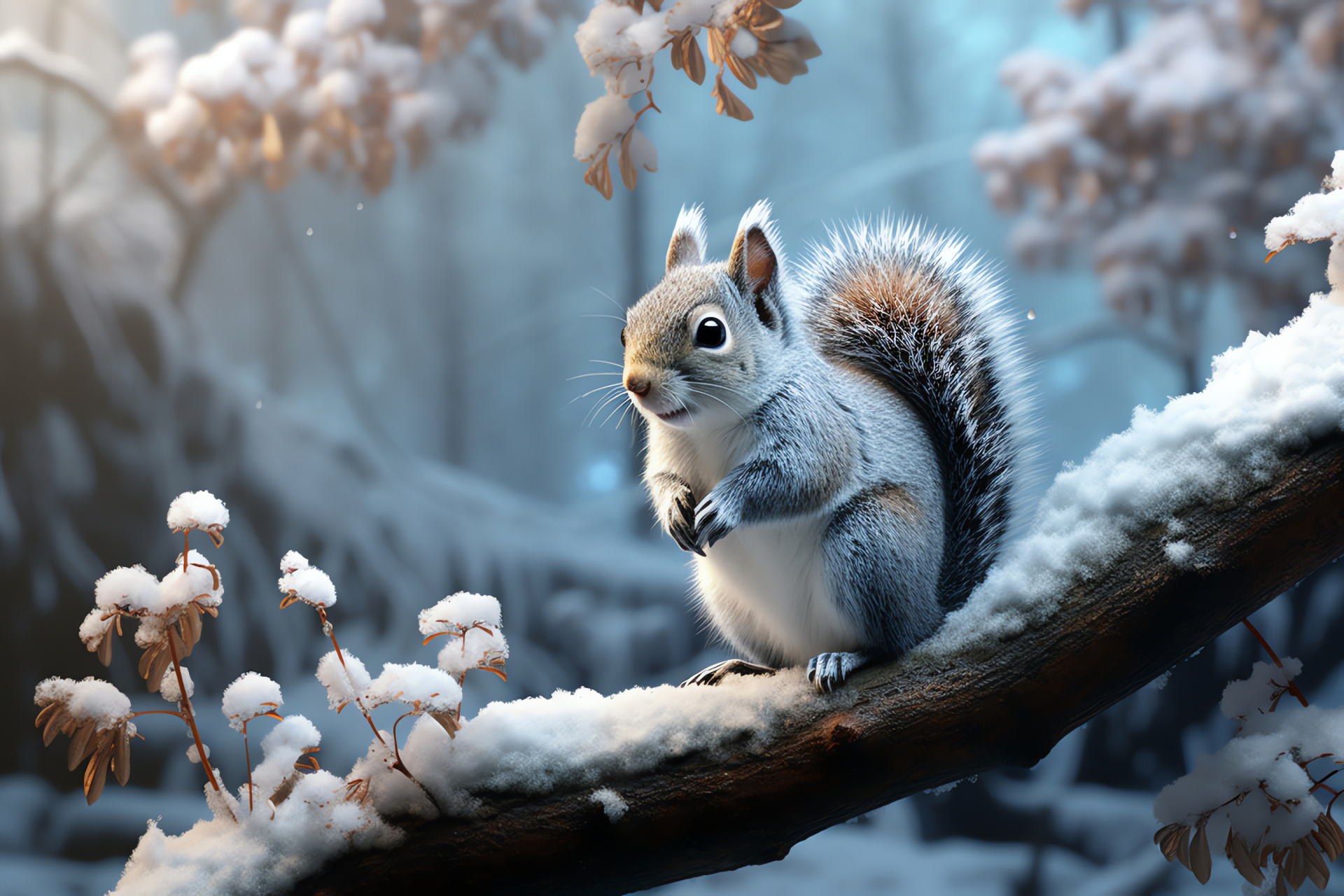 Tree-dweller, Grey squirrel, Bushy tail, Winter forage, Icy woodlands, HD Desktop Wallpaper