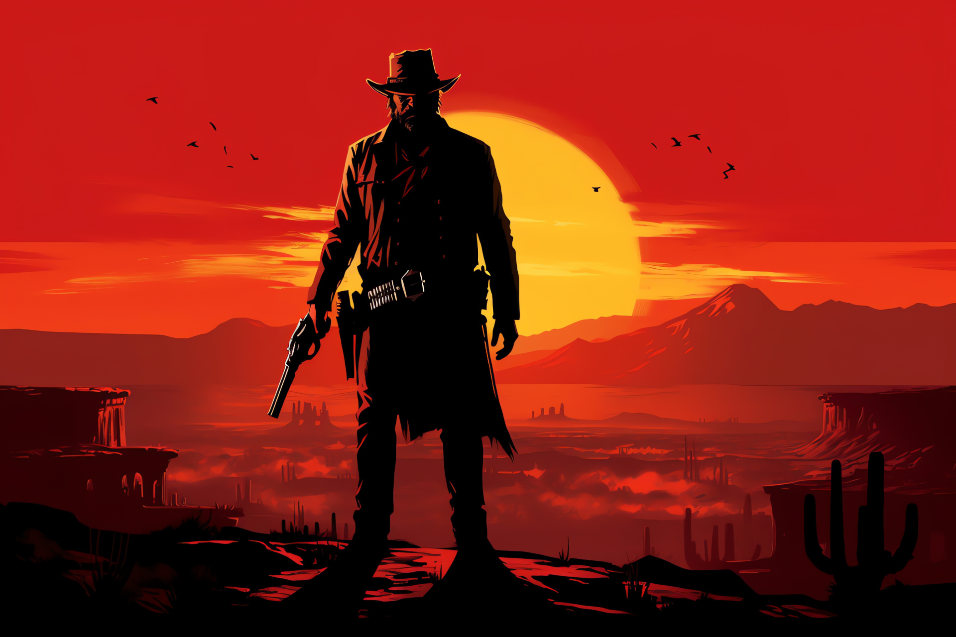 Outlaw Micah Bell, Western villain, Armed with revolver, Sinister cowboy, Full attire illustration, HD Desktop Wallpaper