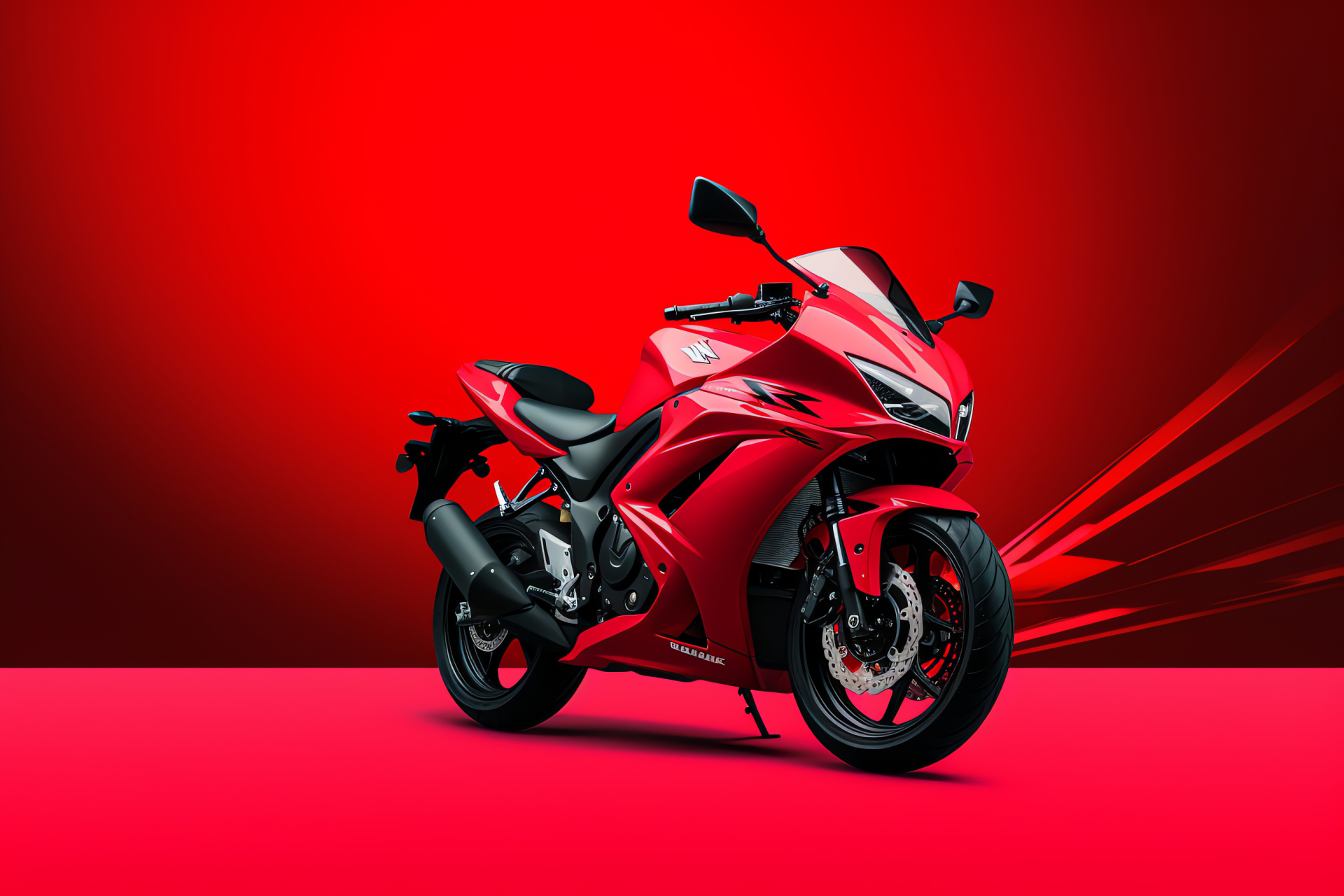 2017 Suzuki GSX-R150, High-angle motorbike display, Vibrant red paint, Racing motor visuals, Solid red backdrop, HD Desktop Wallpaper