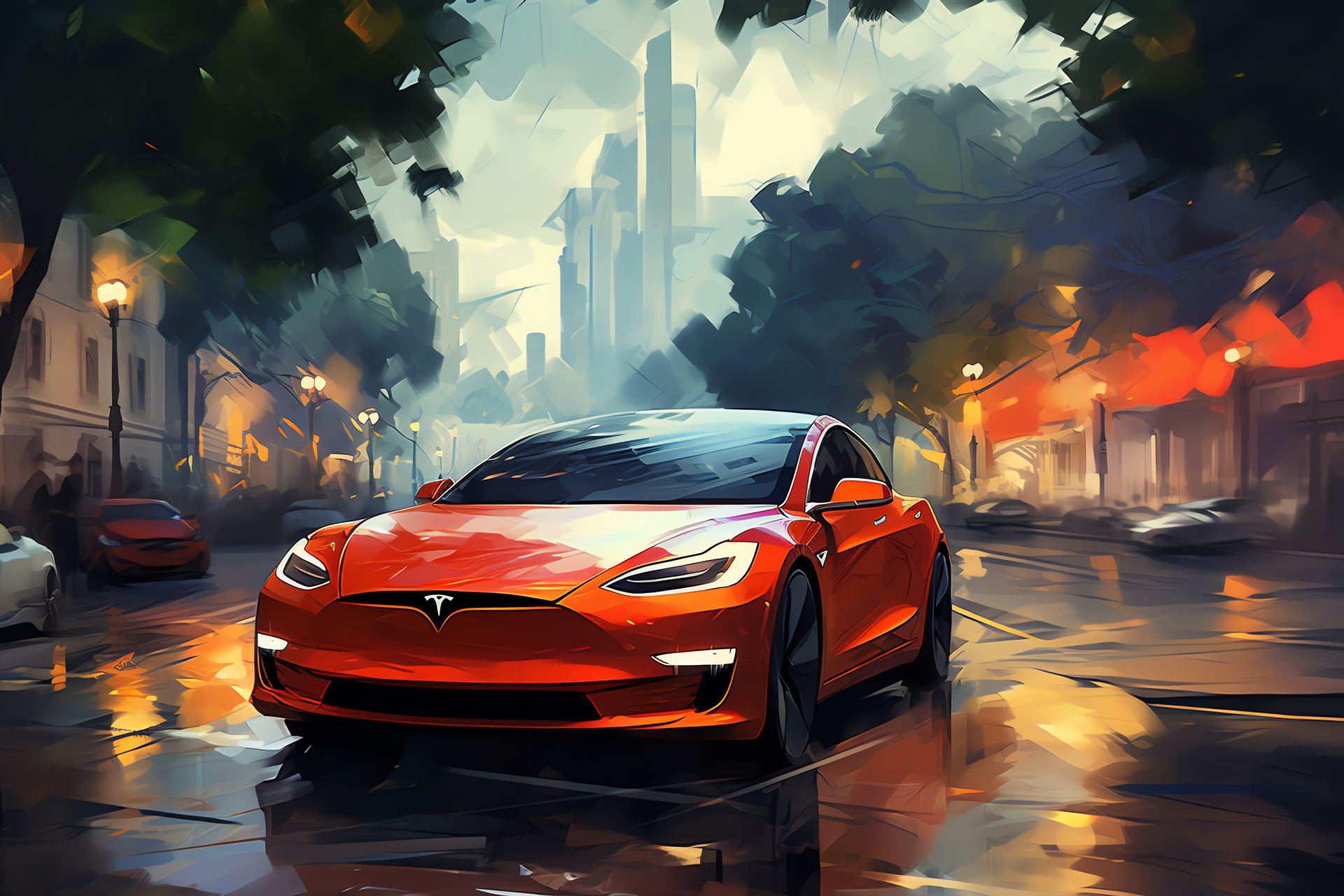 Tesla Model J concept, Urban greenspace, London park setting, Red electric car, Advanced auto, HD Desktop Wallpaper