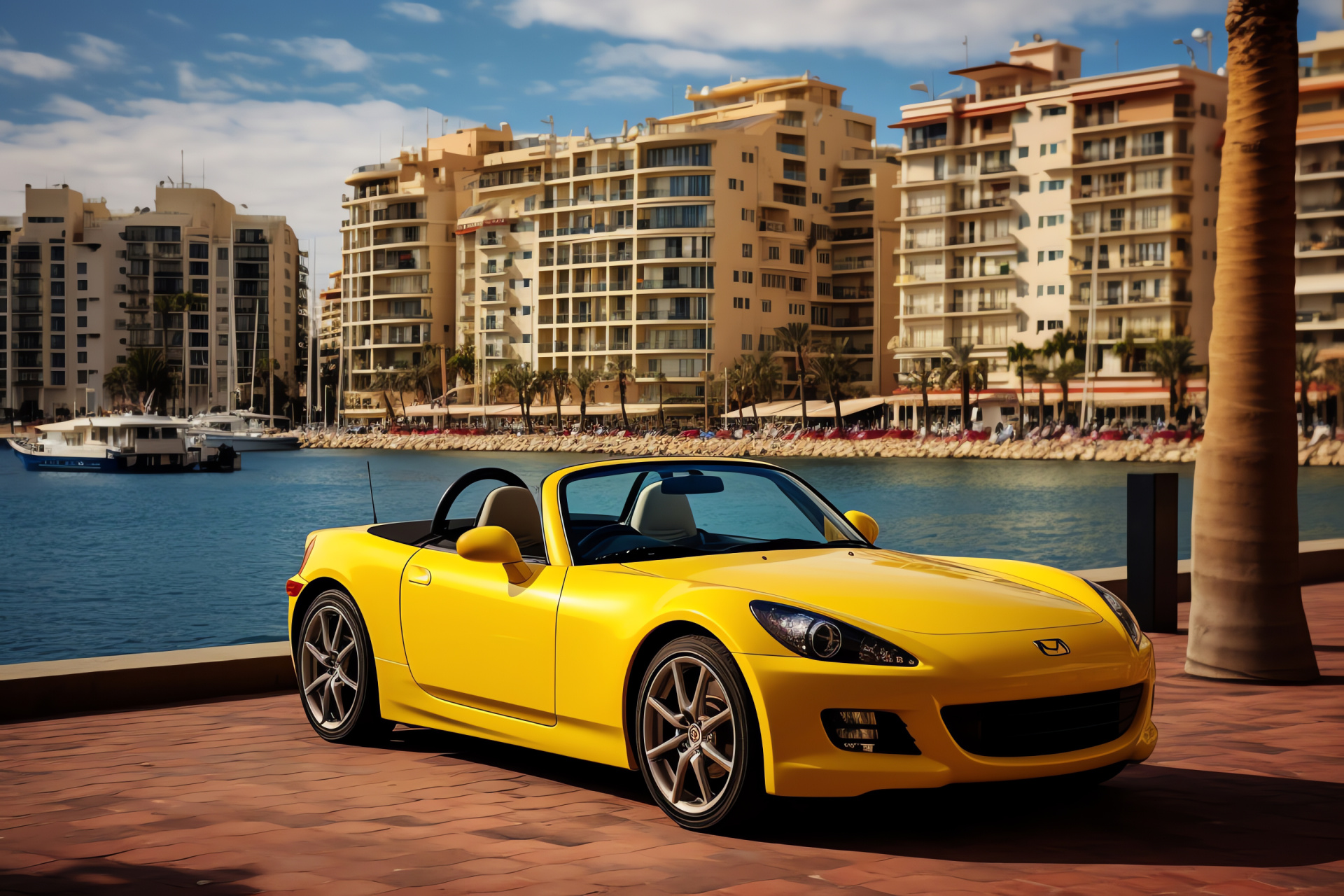 Honda S2000 CR, sports convertible, Barcelona scene, vibrant yellow coat, coastal architecture, HD Desktop Wallpaper