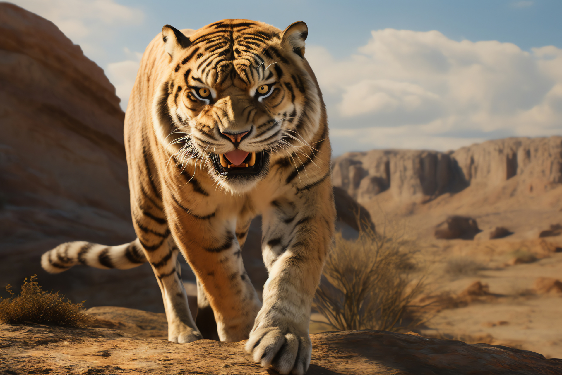 Saber Tooth Tiger, Ancient carnivore, Fossilized specimen, Big cat evolution, Desert backdrop, HD Desktop Wallpaper