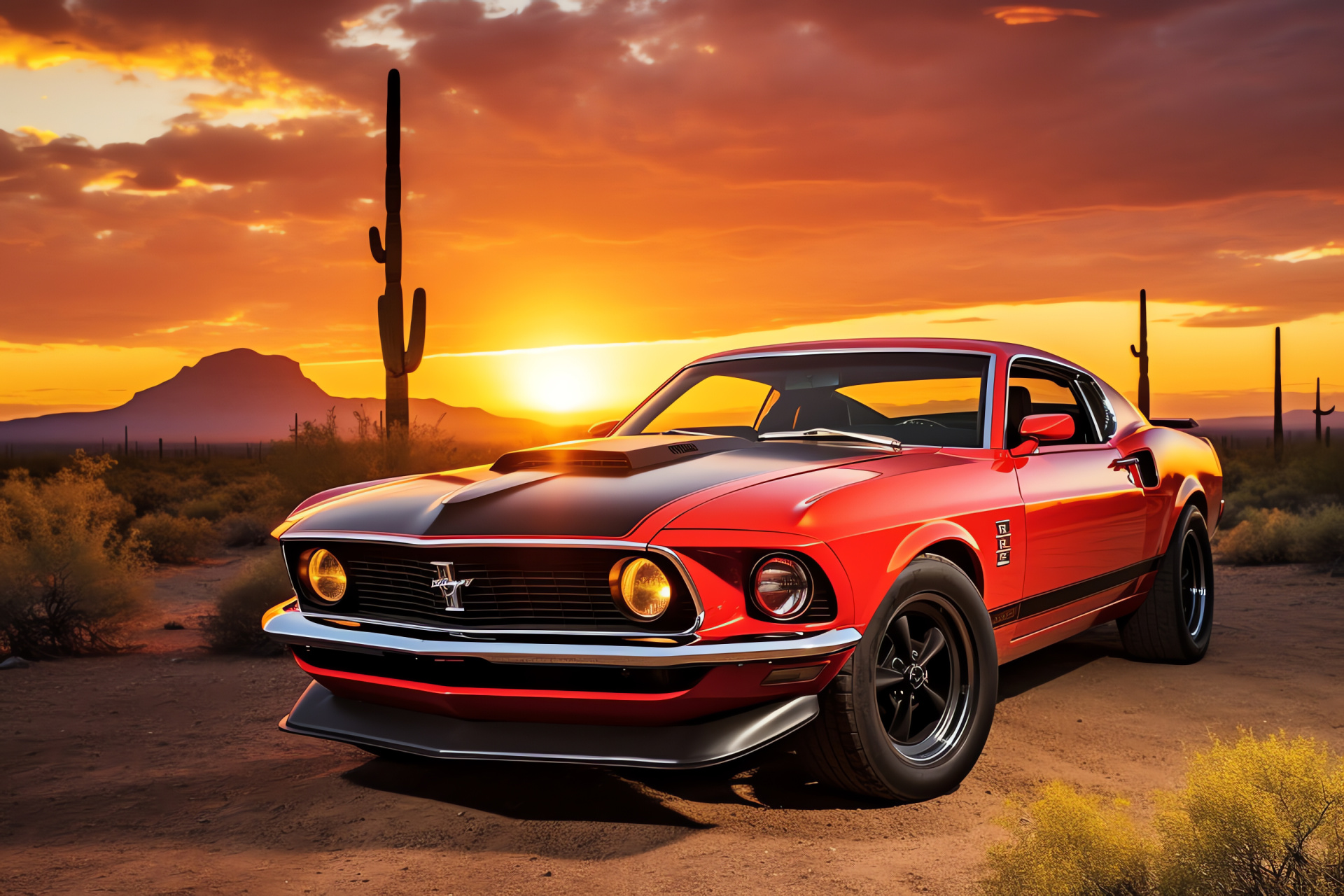 Mustang Boss 302, Historic Route 66, Desolate desert, Dusk lighting, Performance vehicle features, HD Desktop Image