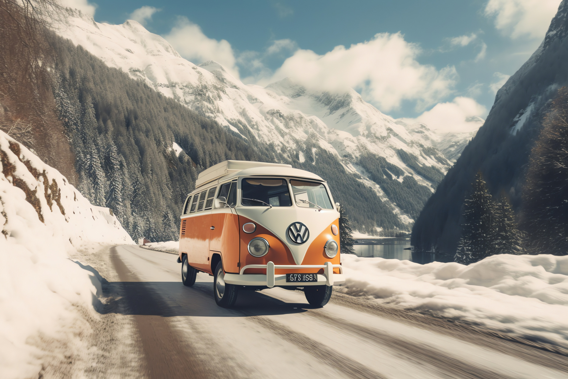 Winterized VW Bus, Alpine Swiss travel, Snowy expedition, Chilly Alpine atmosphere, Winter sport transport, HD Desktop Wallpaper