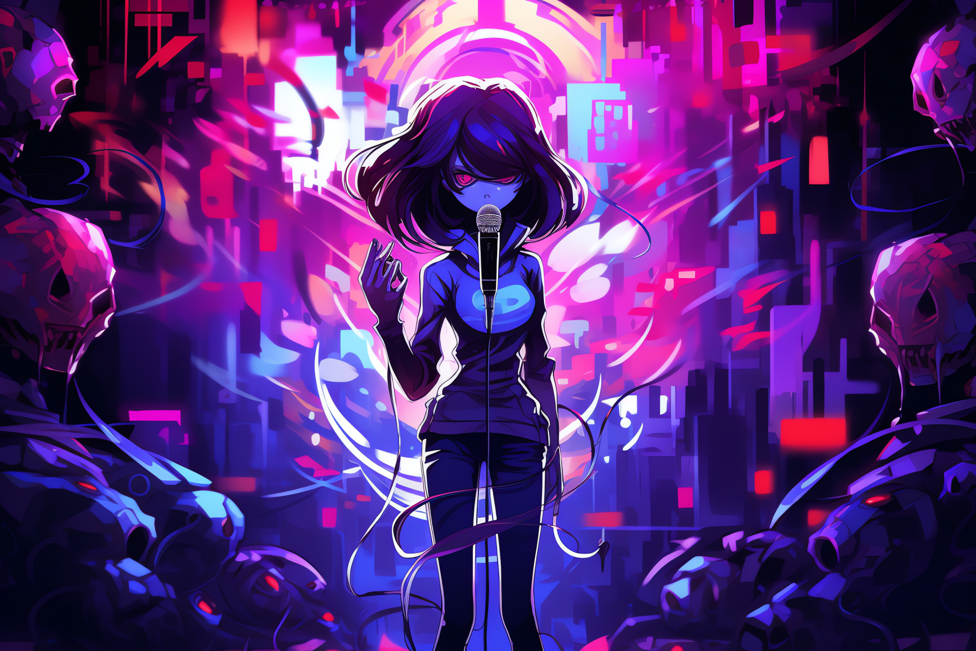 Showman Mettaton, Undertale character, Eye-catching setting, Luminous stage design, Dazzling display, HD Desktop Image