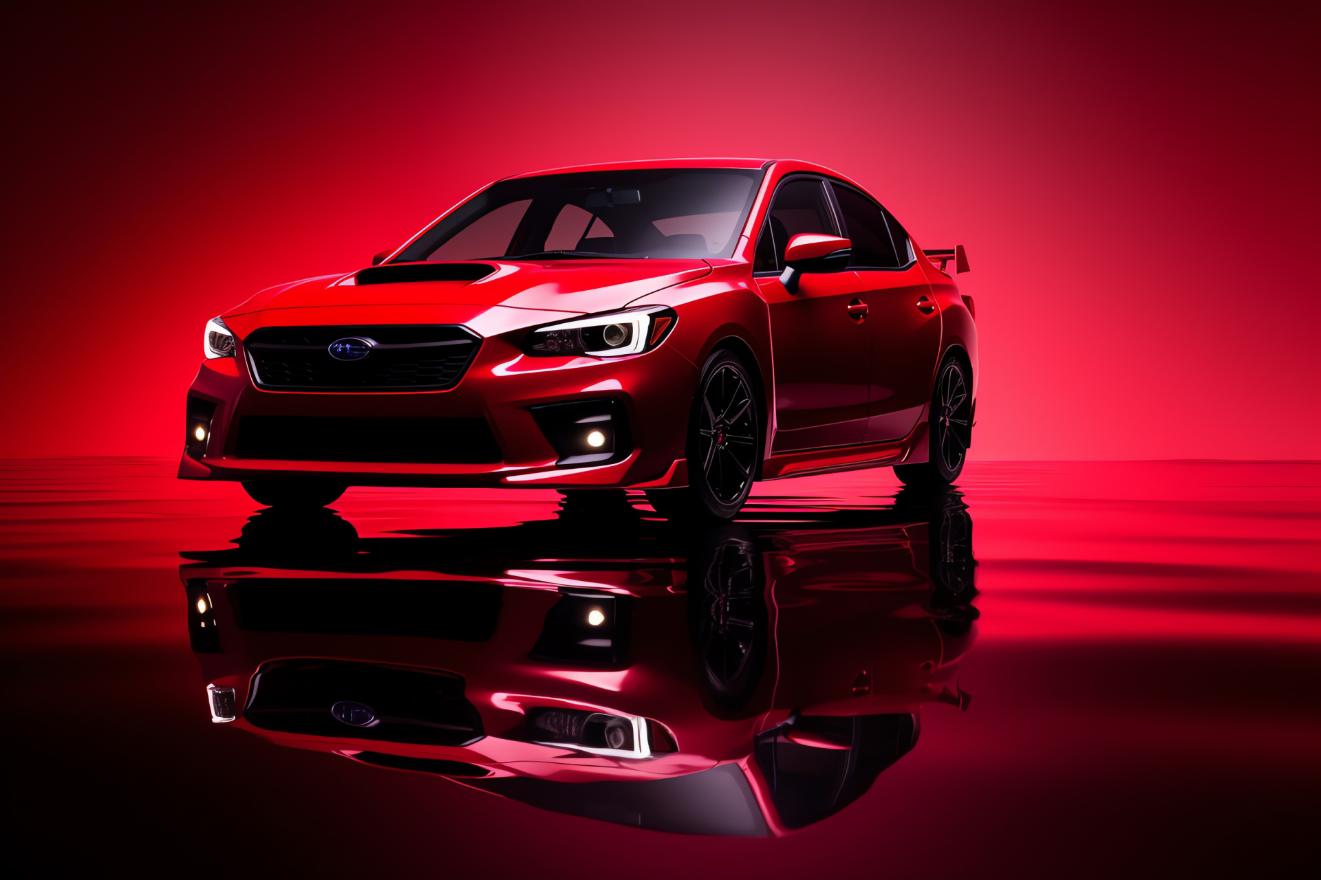 Subaru Impreza WRX STI vehicle, aerial car view, intense red paintwork, uniform color scene, HD Desktop Wallpaper