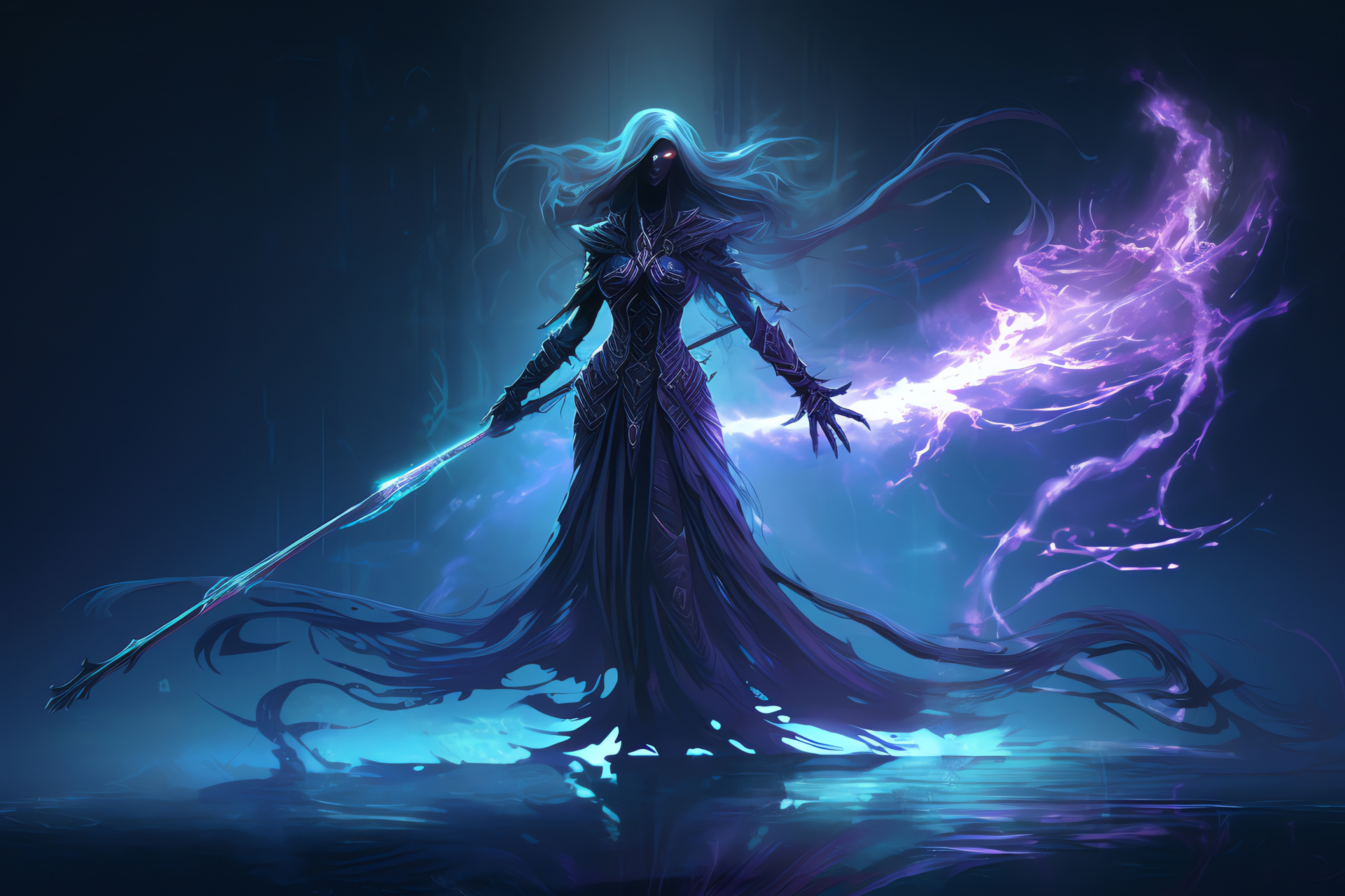 Enchantress Selene, Purple-eye mage, Mystical flowing dress, Magic whorls, Role-playing gamer's choice, HD Desktop Wallpaper