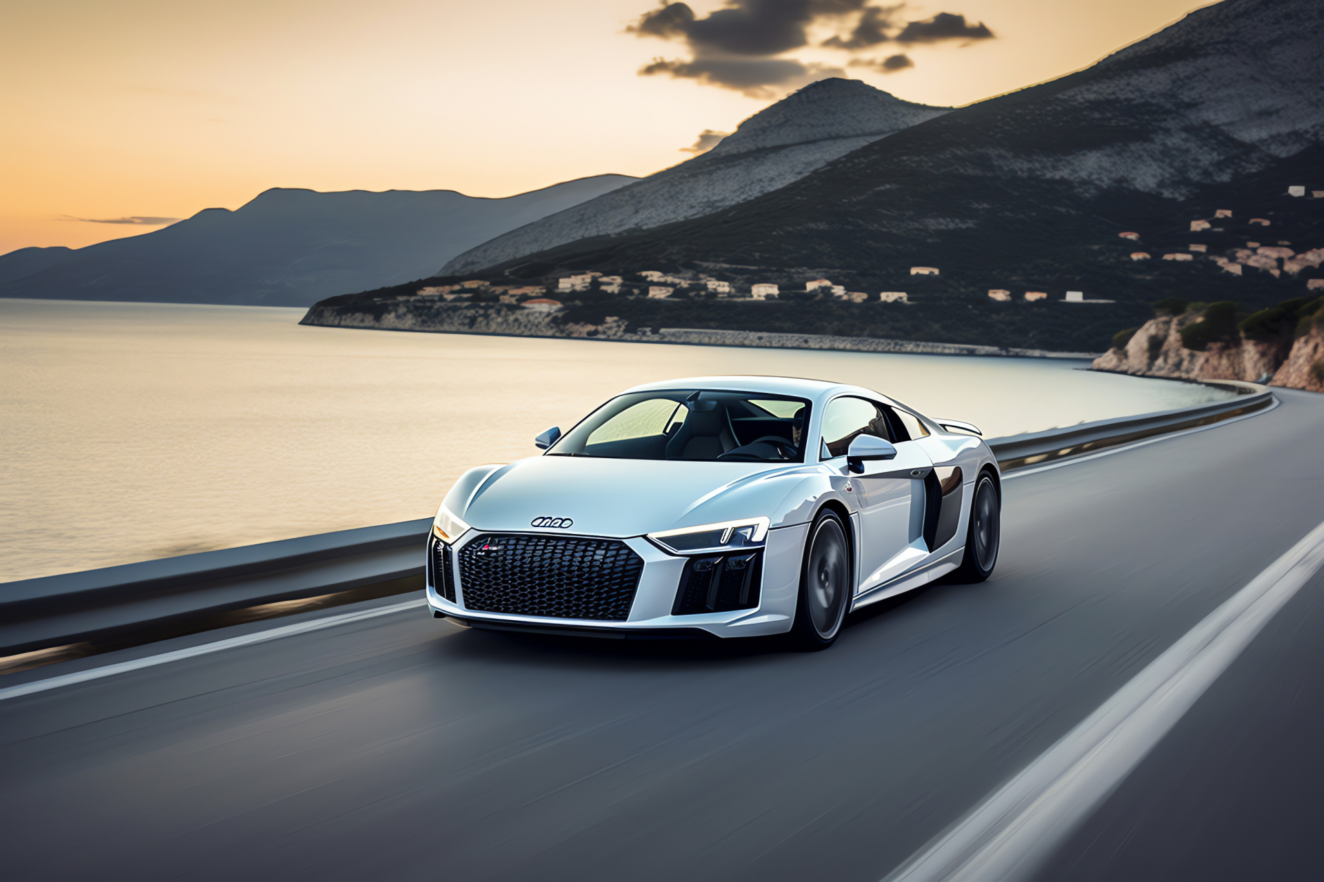 Audi R8 V10 Plus, Italian coastal roads, Precision German engineering, Modern LED technology, Amalfi beauty, HD Desktop Image