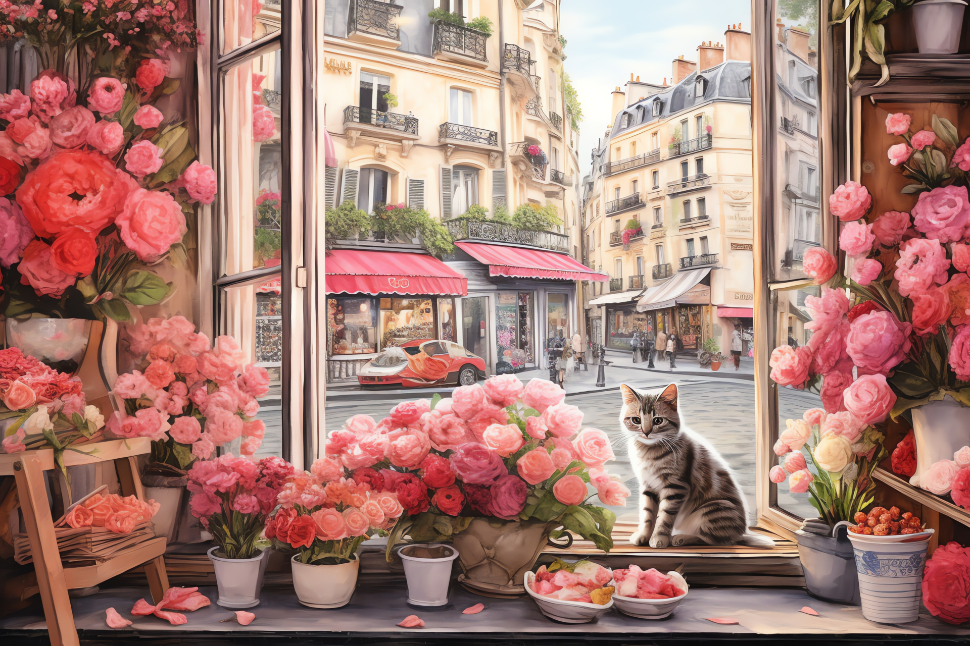 City life, inquisitive pet, Romeo's perch, florist's array, blooming collection, HD Desktop Wallpaper