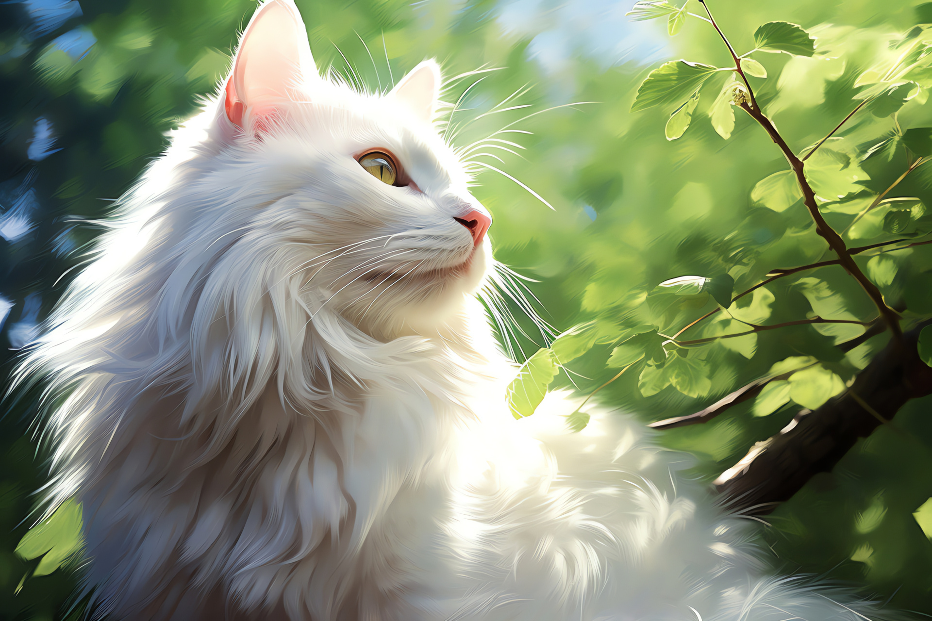 Norwegian Forest Cat, Feline breed, Luxurious cat fur, Vivid green feline eyes, Plush white coat, HD Desktop Wallpaper
