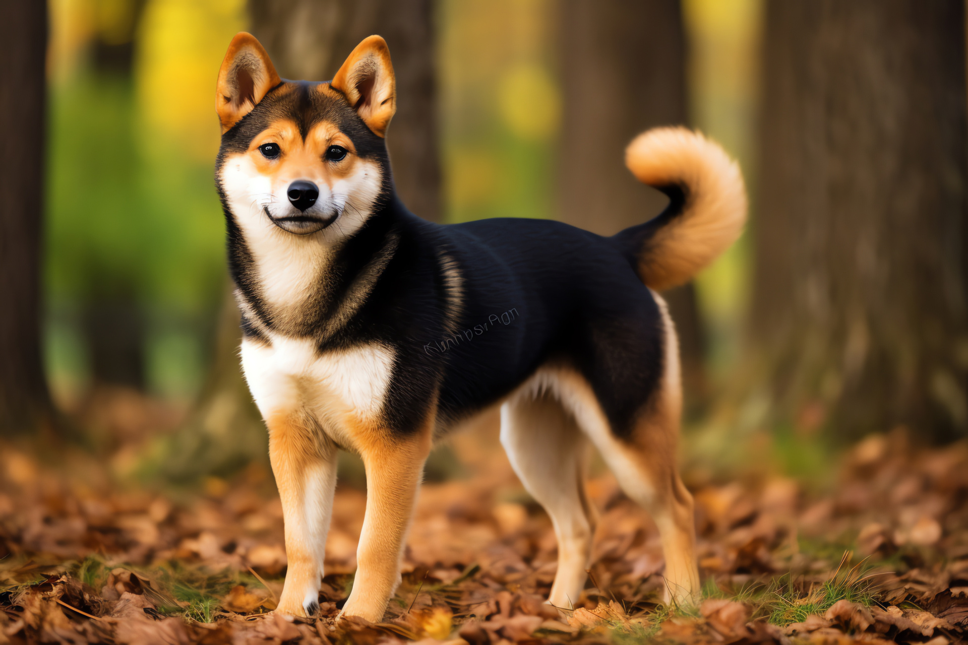 Japanese canine breed, captivating gaze, contrast fur pattern, elegant coat texture, distinct marking, HD Desktop Image