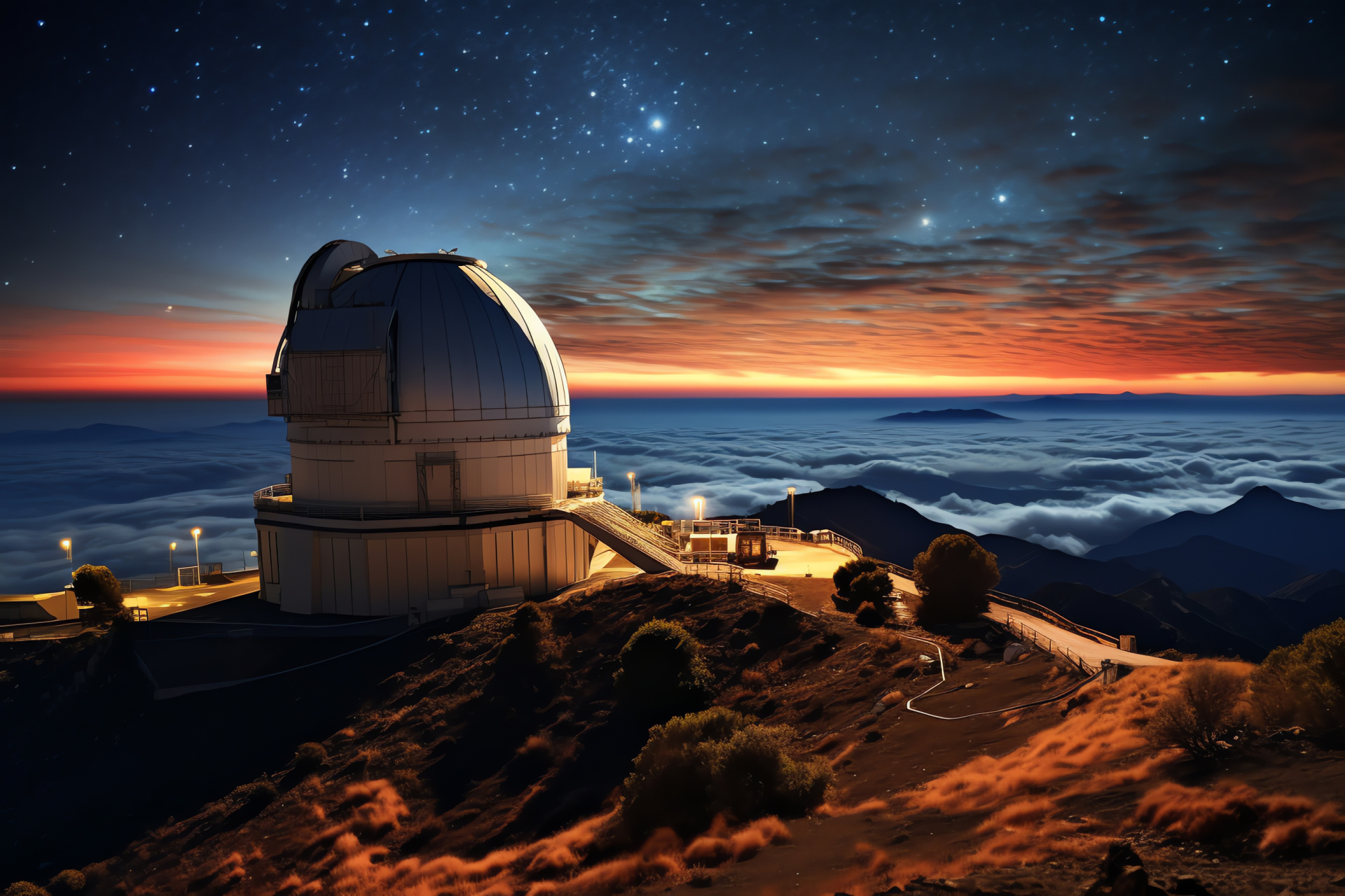 Mauna Kea telescope, High-altitude astronomy, Clear night observation, Starry summit, Clear sky research, HD Desktop Image