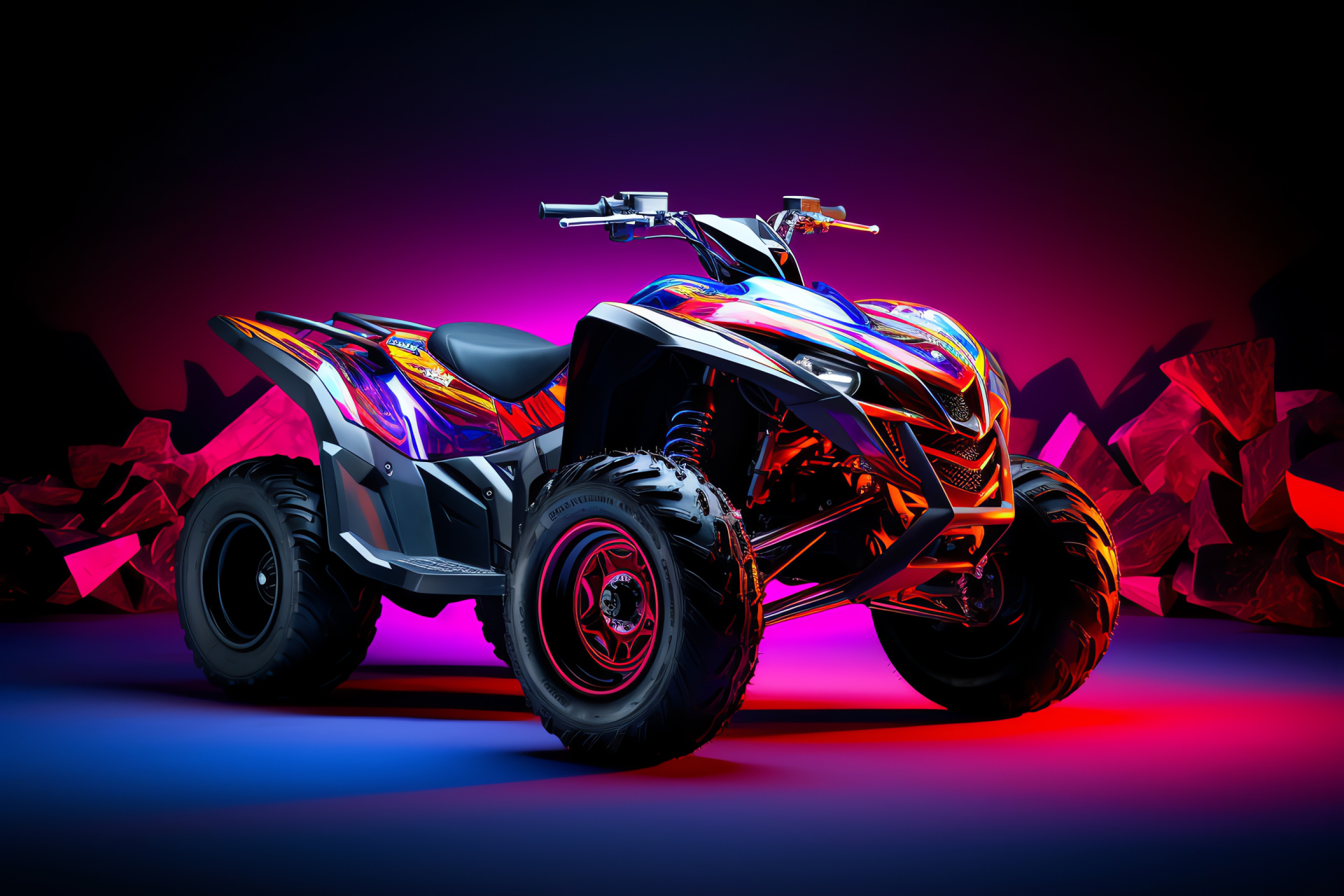 Raptor 700 ATV, Elevated Perspective, Striking Color Combination, Nighttime Lights, Extreme Riding Machine, HD Desktop Image