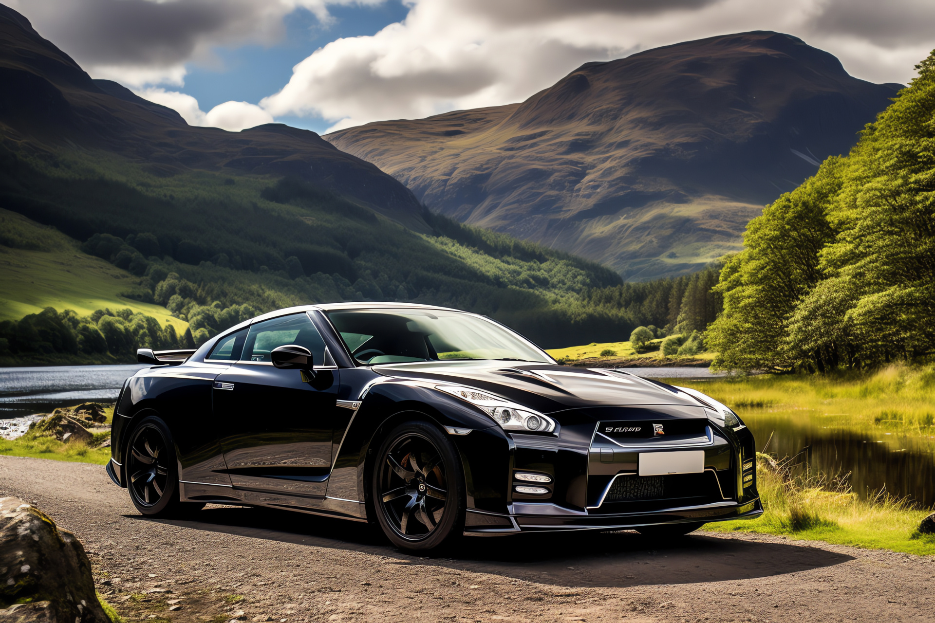 Nissan GTR in Scottish highlands, Country road touring, Historical castle vicinity, Sportscar excursion, Rolling hills drive, HD Desktop Image