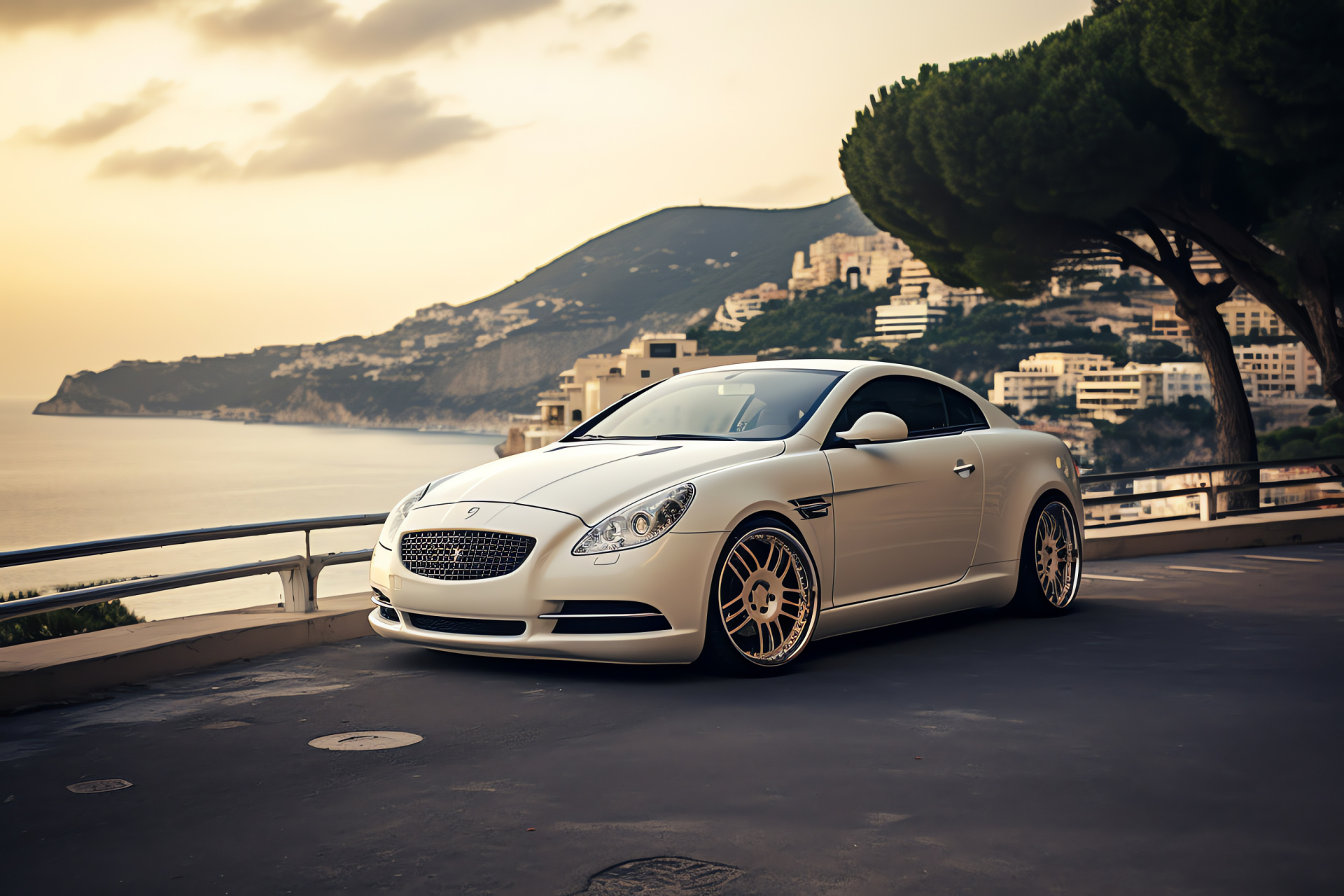 Slammed car on French Riviera, exclusive paint finish, custom wheel design, scenic coastline, luxury motoring, HD Desktop Image