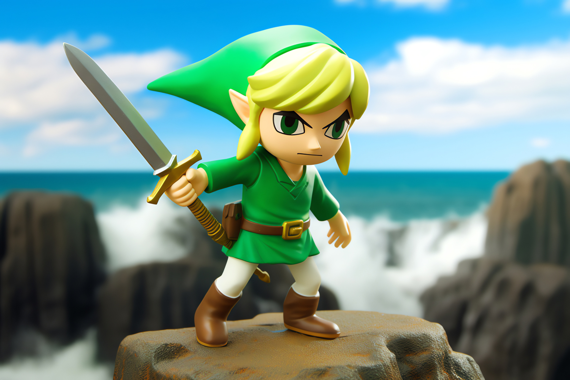 Toon Link, Great Sea island, Animated hero stance, Zelda franchise, Ocean adventure, HD Desktop Image