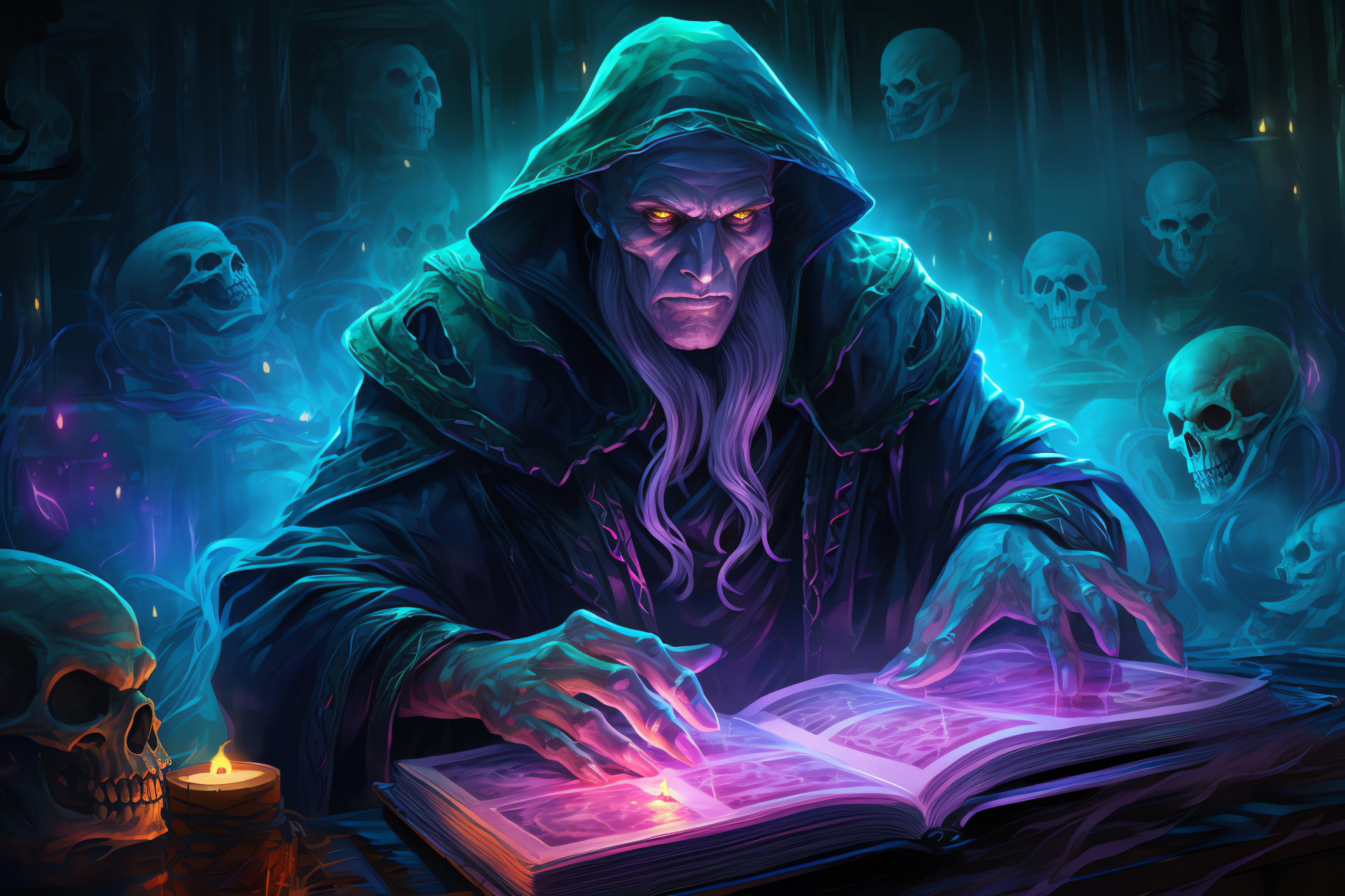 Gaming necromancer character, Enchanted library setting, Mystic fantasy genre, Role-playing game, Magical ambiance, HD Desktop Image