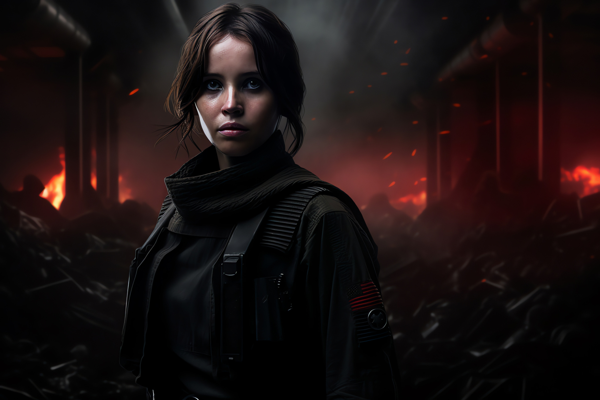 Jyn Erso character, resolved stance, distinct facial traits, stark contrast, rebel demeanor, HD Desktop Wallpaper