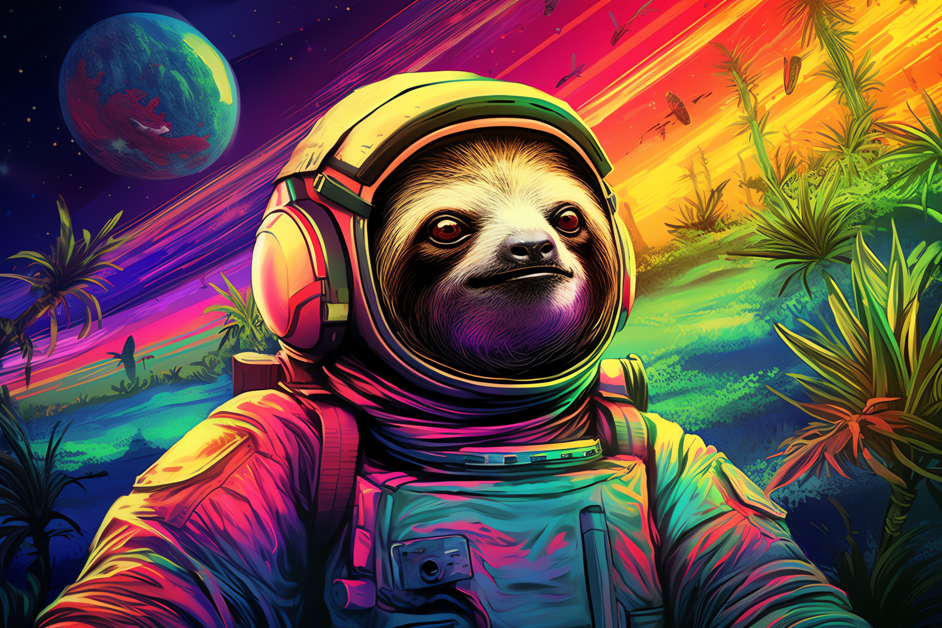 Zero-gravity sloth, vibrant astronaut attire, interplanetary foliage, cosmic-flora ensemble, kaleidoscopic glance, HD Desktop Image