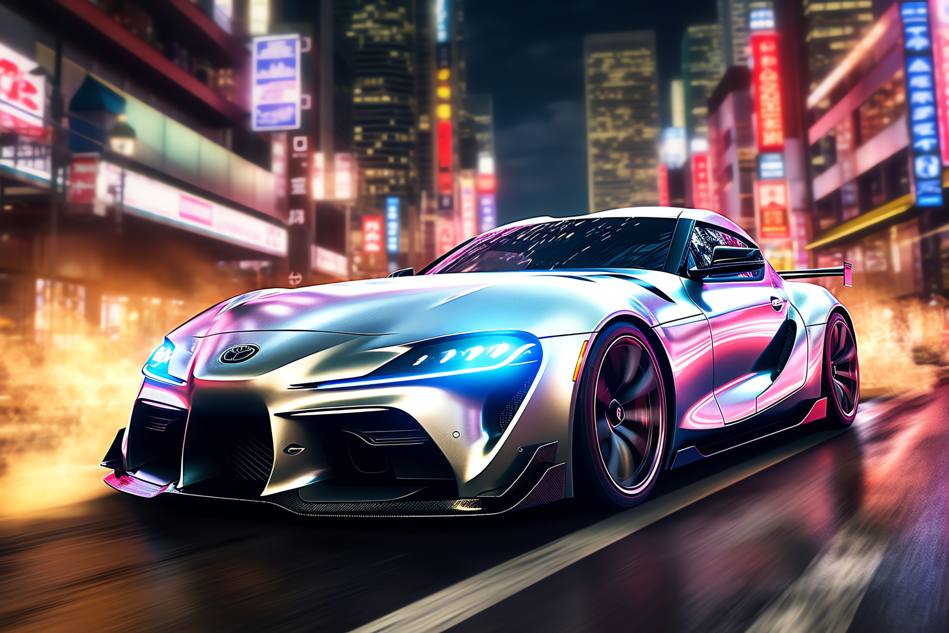 Toyota Supra A90, Japanese sports car, Urban flair, Metropolitan sparkle, Automotive allure, HD Desktop Image