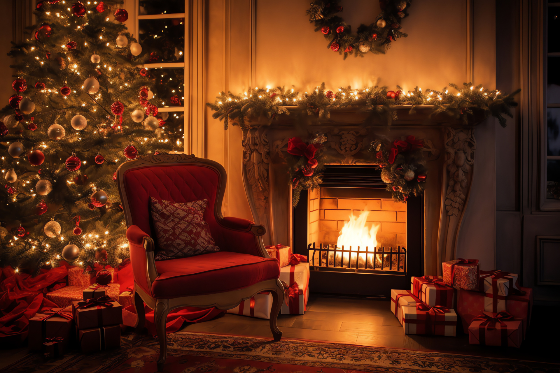 Holiday interior, Warm hearth, Comfortable seating, Festive fir, Illuminated decor, HD Desktop Image