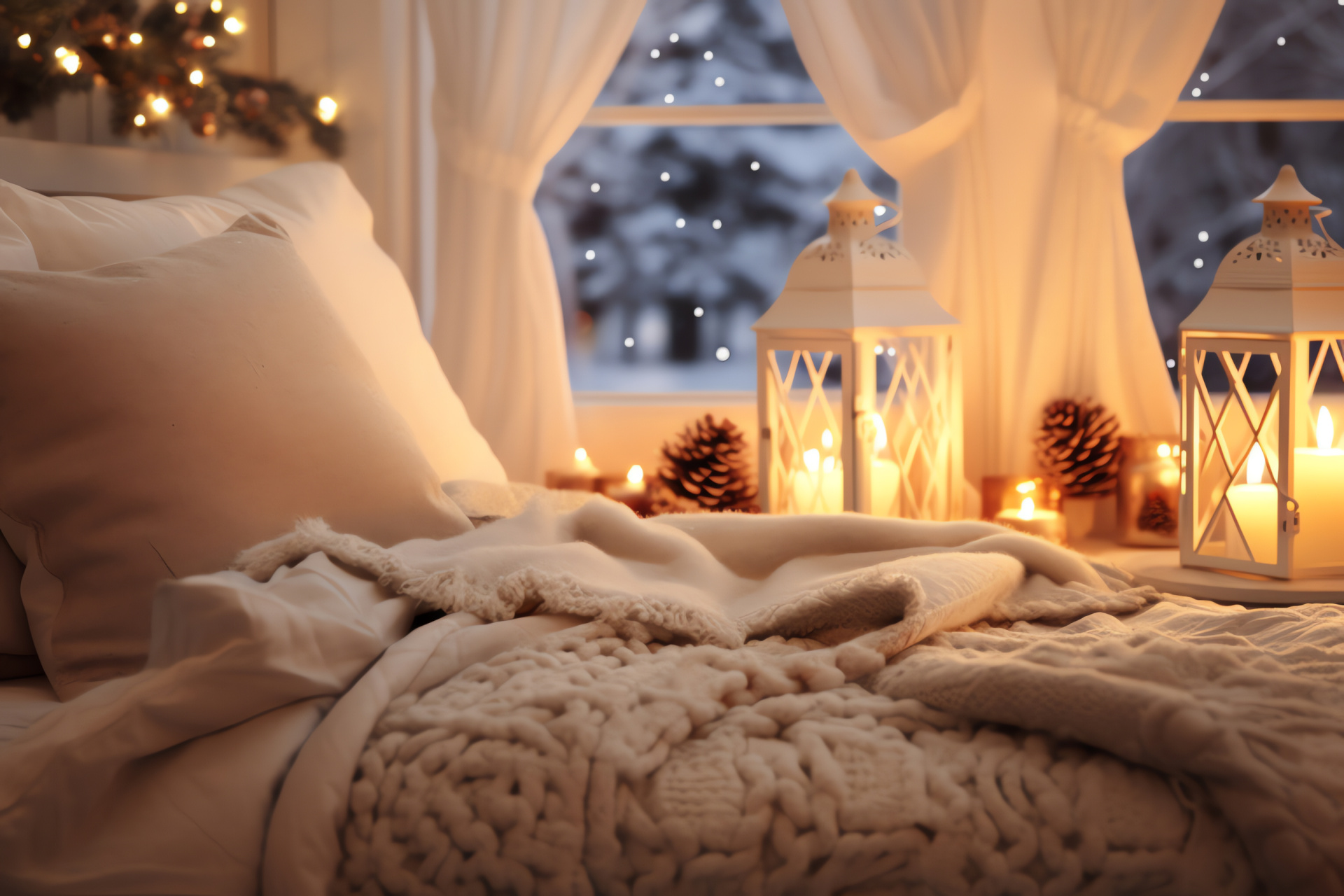 Festive slumber space, Yuletide cheer, Cozy quilts, Glowing ambiance, Conifer fragrance, HD Desktop Wallpaper